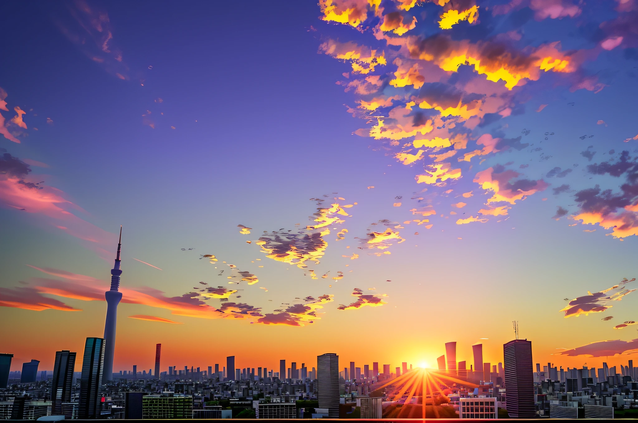 arafed view of a city skyline with a tall tower in the distance, sky line, golden hour in tokyo, looming over a city, sky setting, taken with sigma 2 0 mm f 1. 4, anime sky, skyscape, skyline showing, with dramatic sky, taken with sony a7r camera, taken with a canon eos 5 d