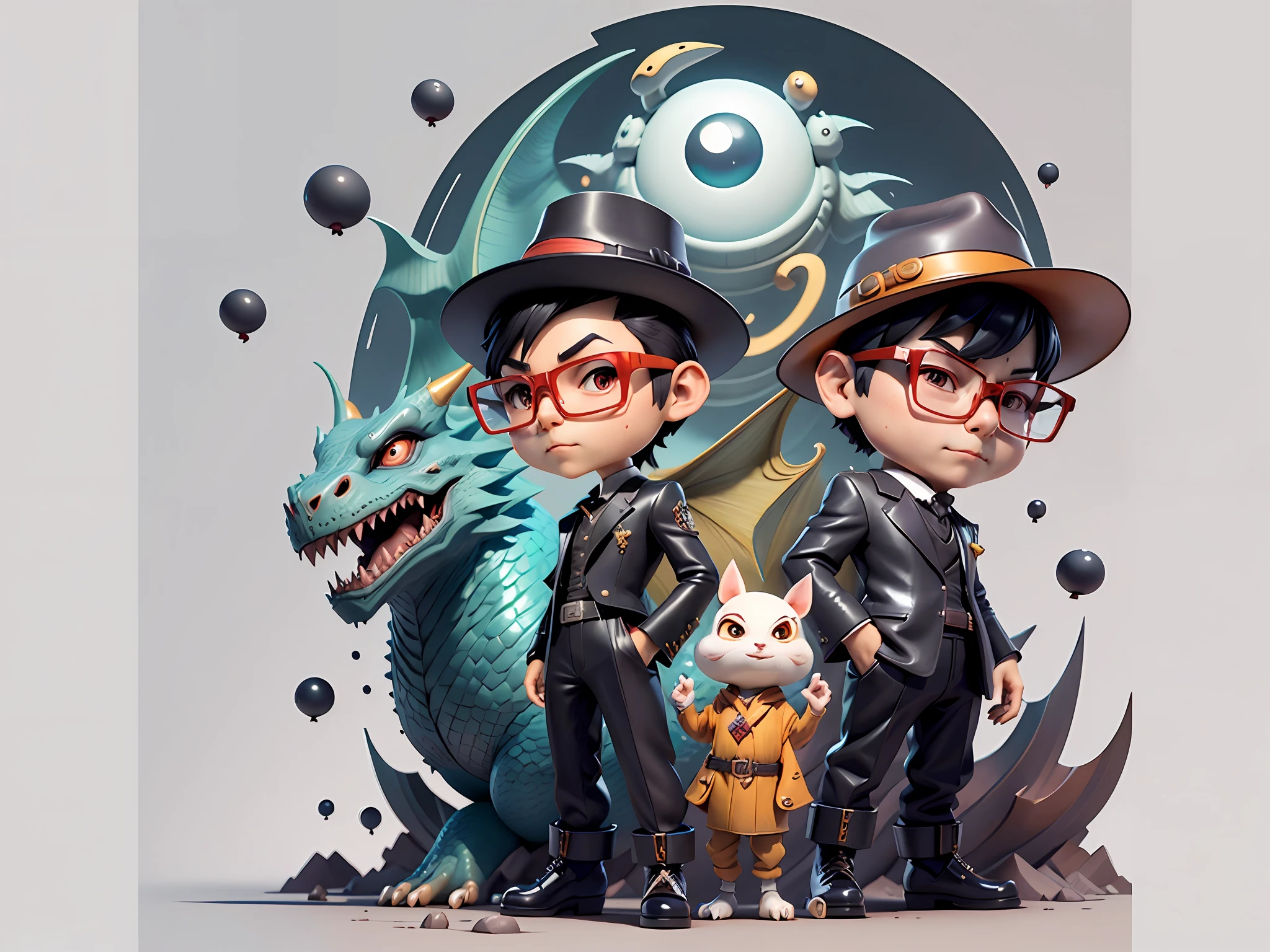 Young man with oriental face in leather hat, dragon, formal suit, short black hair, silver glasses, digital painting, 3D character design by Mark Clairedon and Pixar and Hayao Miyazaki and Akira Toriyama, the illustration is a high-definition illustration in 4K resolution with very detailed facial features and cartoon-style visuals.