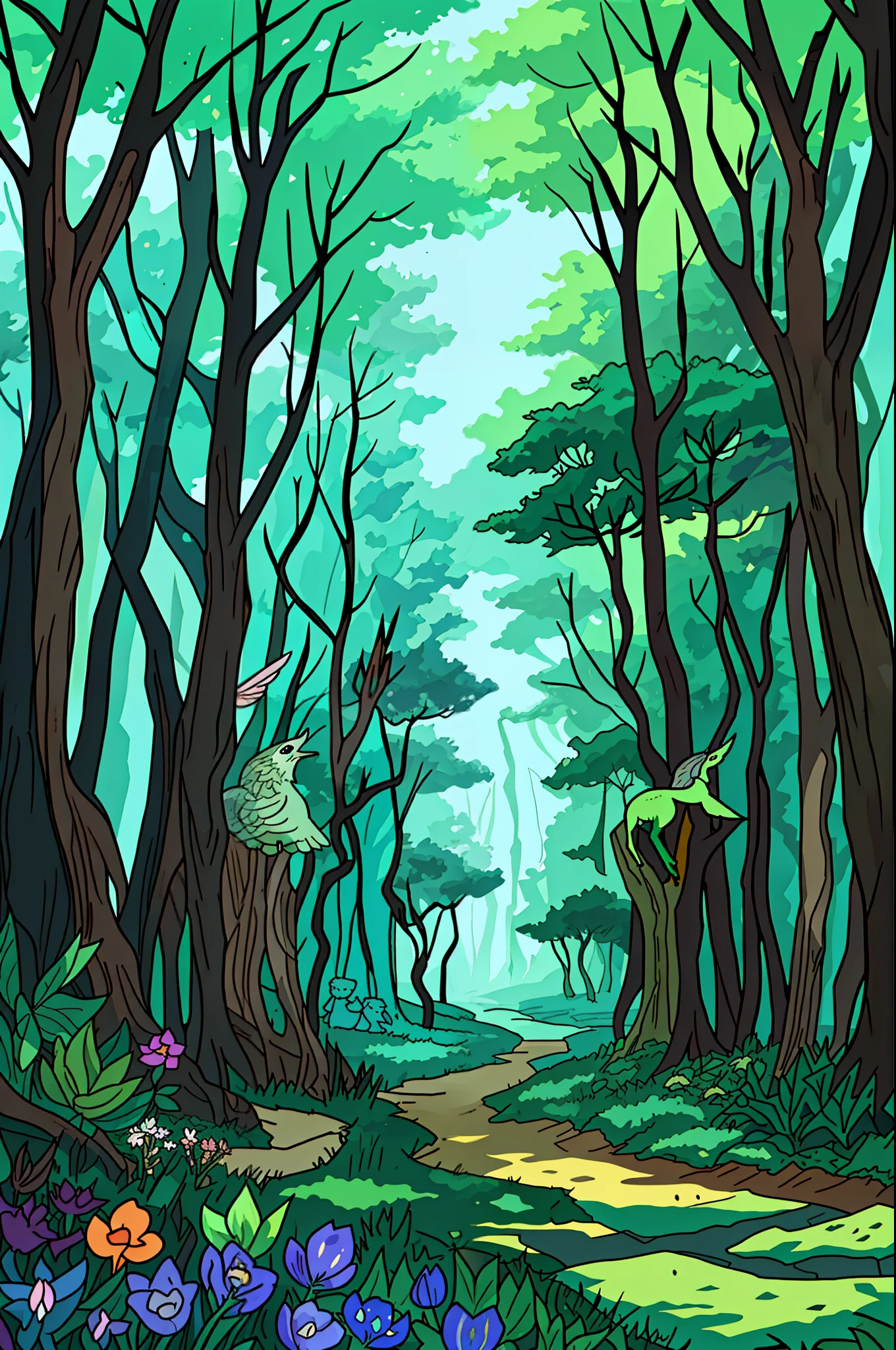 the entrance of a vast and enchanted (fanciful) forest, full of trees and animals