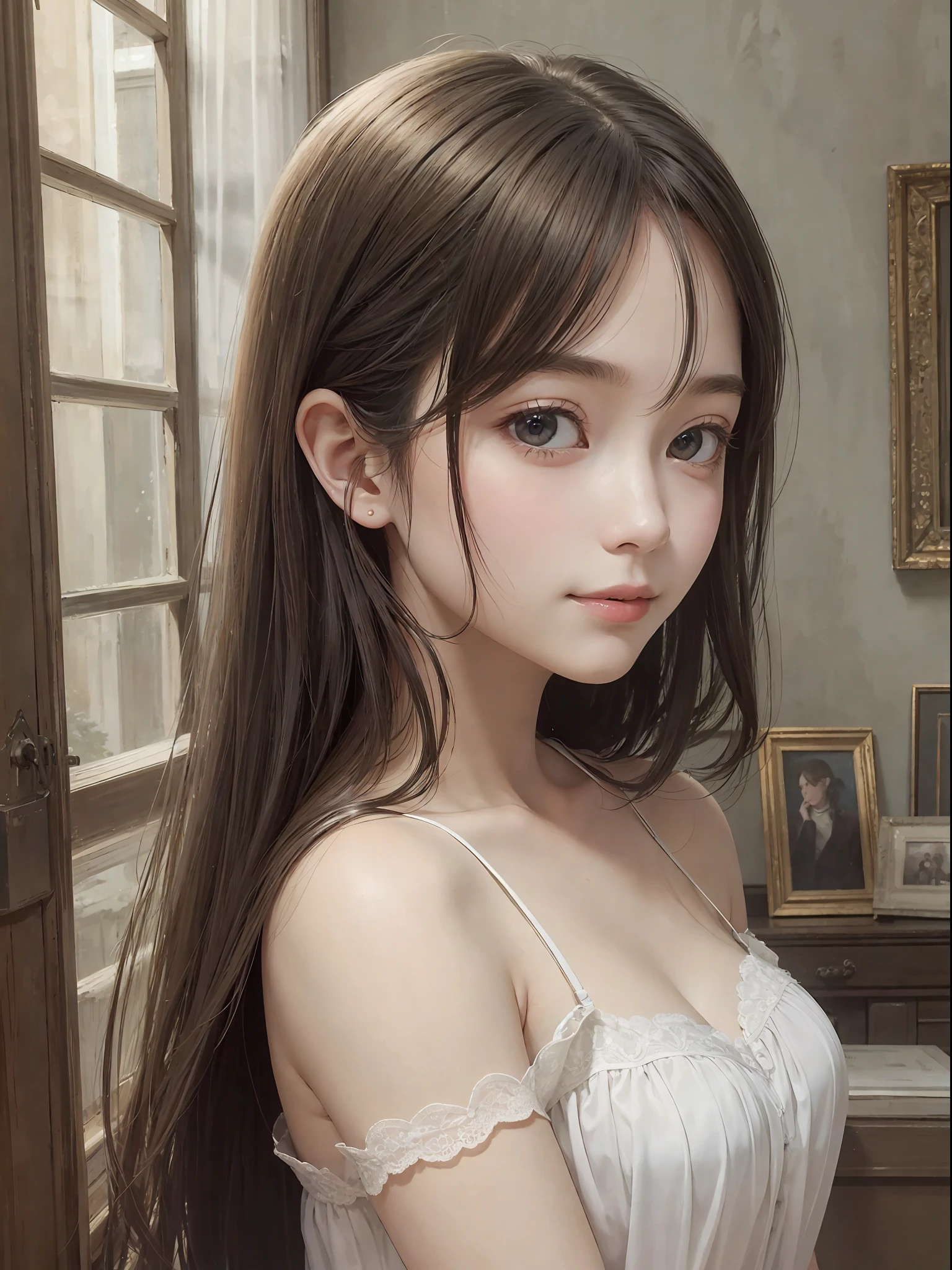 (Pure Color: 0.9), (Color: 1.1), (Masterpiece: 1,2), Top Quality, Masterpiece, High Resolution, Original, Highly Detailed Wallpaper, Beauty, Smile, Melancholy, Camisole, Sepia Color, 30 years old --auto --s2