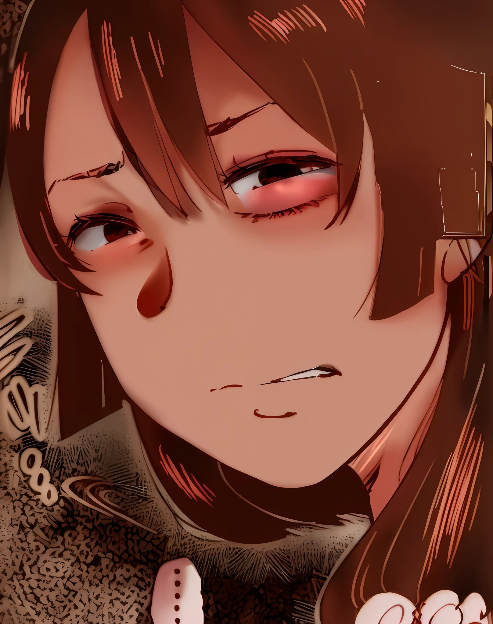 a close up of a woman with brown hair, pink skin, half closed eyes, she has a devastated expression, grim facial expression, disgust expression