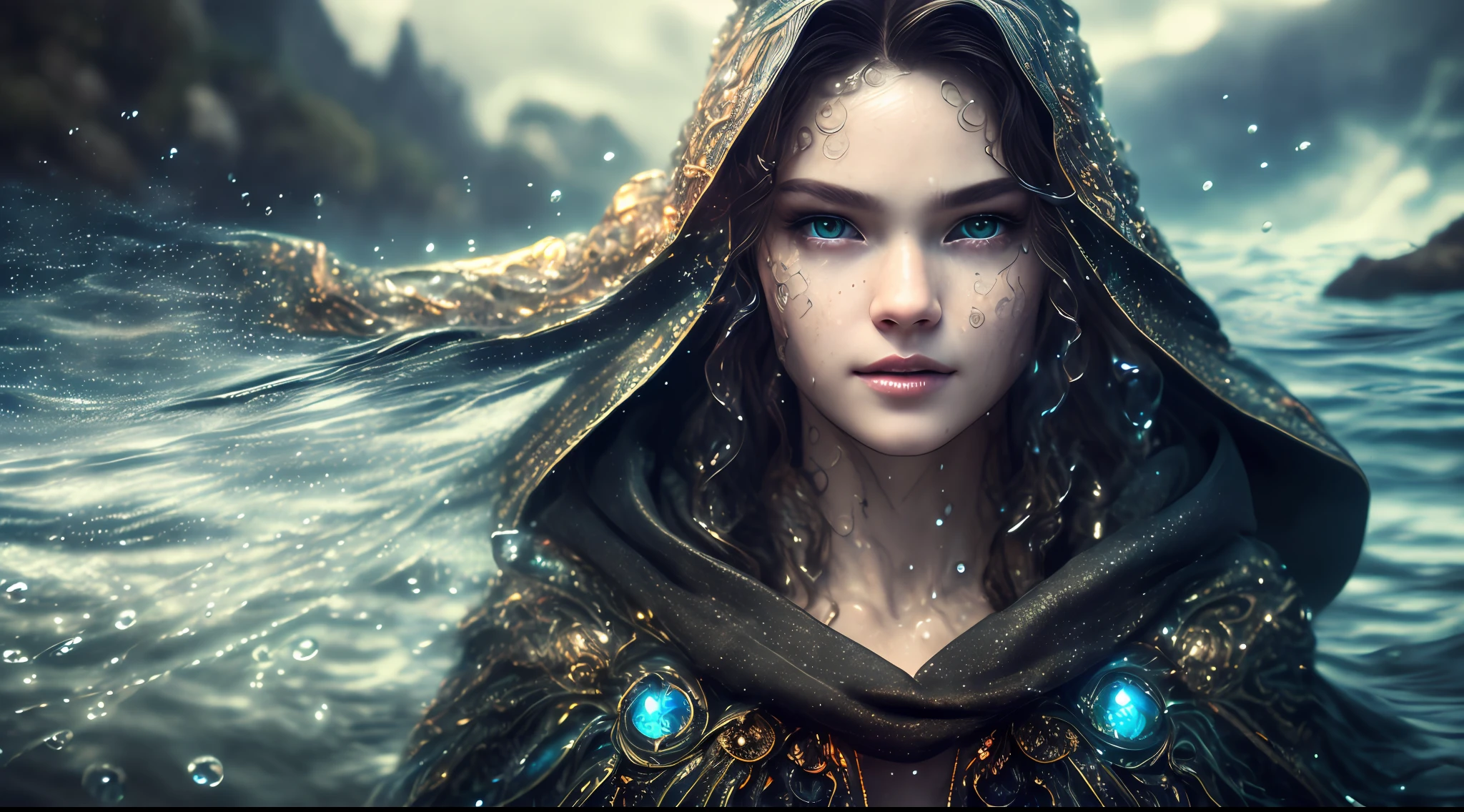 (skindentation:1.5), Realistic, Photorealistic, (masterpiece:1.5), concept art, intricate details, highly detailed, photorealistic, octane render, 8k, unreal engine, dynamic pose, best quality, highres, (realistic face:1.1), (hyperrealistic:1.1), ((full_body)), perfect eyes,(shiny skin:1.2), (((hairstyle))), (((perfect hands))), (extremely detailed background), haunted island, ((dynamic background)), ((lightning)), (light rays), (1girl), wearing cloak, (((flowing cloak))), ((detailed eyes, high quality eyes, high quality face)), long hair, (((flowing hairstyle))), 1girl ((controlling the water)), (((whirlwind of water))), ocean, tsunami, magic, (dramatic), epic, depth of field, bokeh, 4k, gothic, ((raining)), energyball between hands