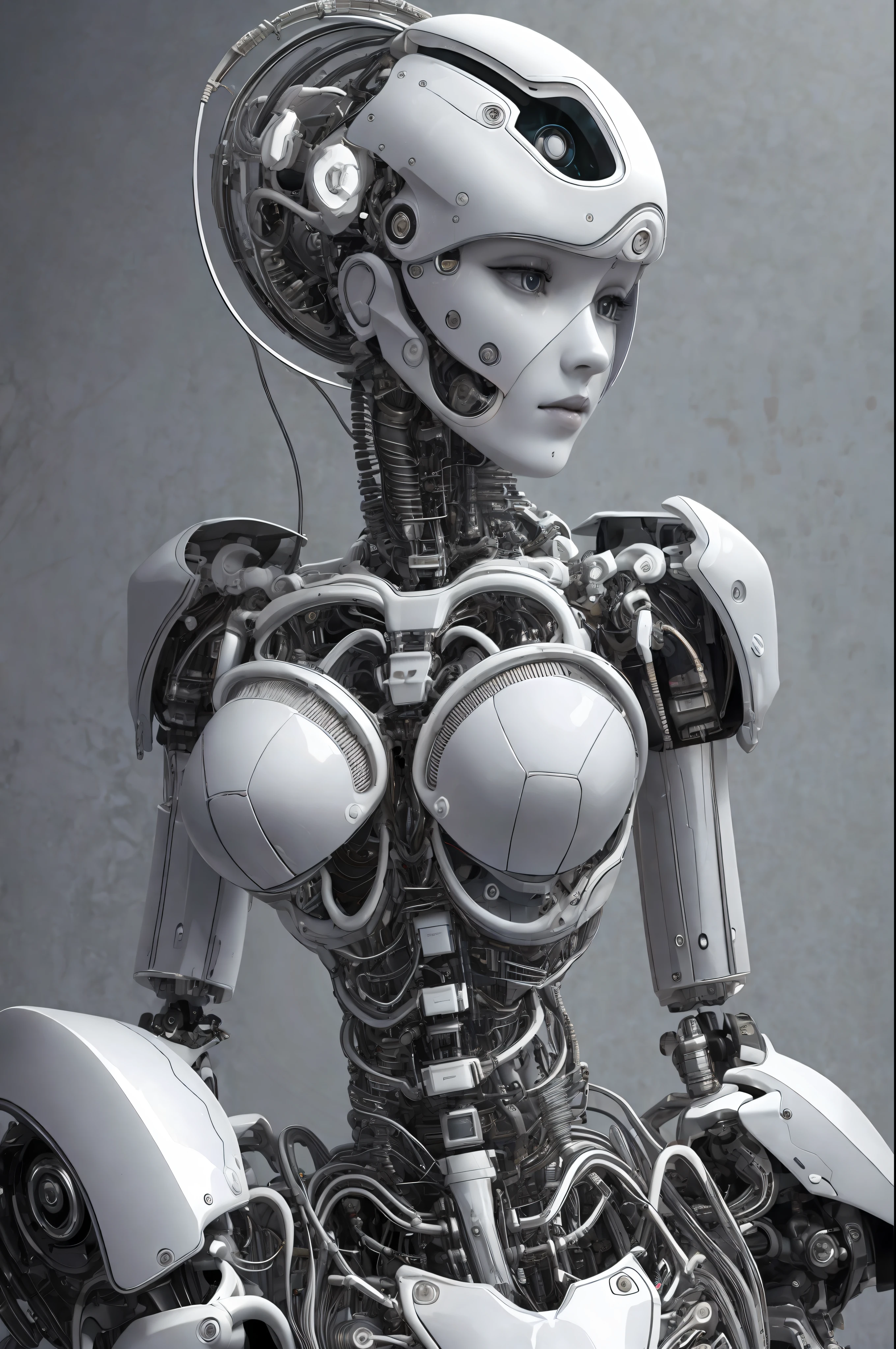 complex 3d render ultra detailed of a beautiful porcelain profile woman android face, cyborg, robotic parts, 150 mm, beautiful studio soft light, rim light, vibrant details, luxurious cyberpunk, lace, hyperrealistic, anatomical, facial muscles, cable electric wires, microchip, elegant, beautiful background, octane render, H. R. Giger style, 8k, best quality, masterpiece, illustration, an extremely delicate and beautiful, extremely detailed ,CG ,unity ,wallpaper, (realistic, photo-realistic:1.37),Amazing, finely detail, masterpiece,best quality,official art, extremely detailed CG unity 8k wallpaper, absurdres, incredibly absurdres, , robot, silver halmet, full body, sitting