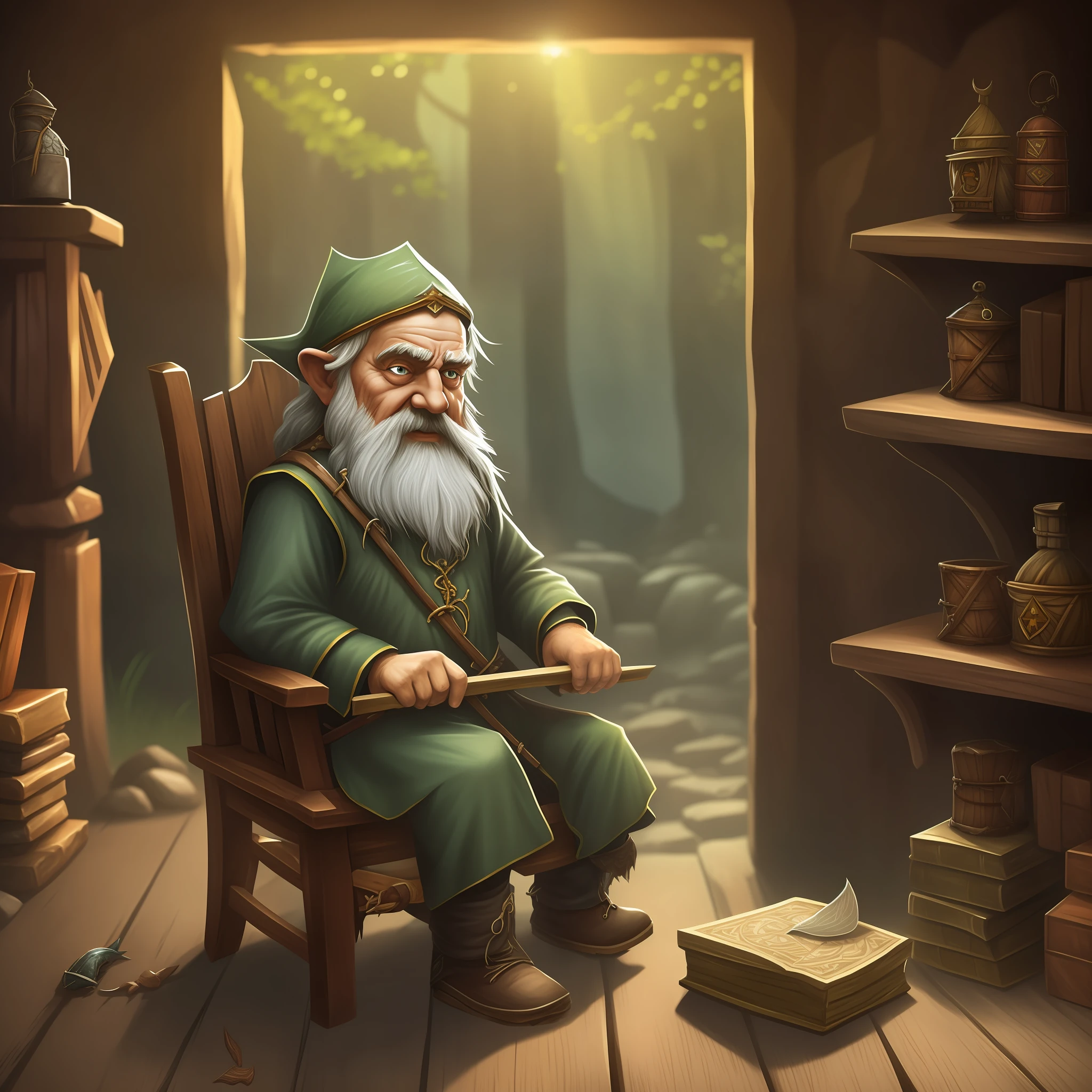 A dead fisherman d&d medieval gnome in a chair named tavio who was killed with a rock stuck in his head. dark realistic fantasy style --auto --s2