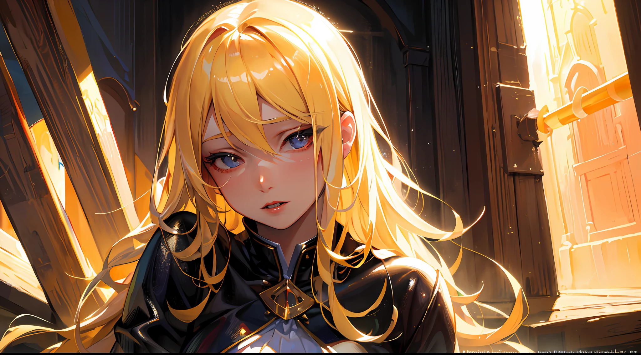 Best quality, masterpiece, ultra high res, (photorealistic:1.4), raw photo, 1girl, blonde hair, shiny skin, dramatic lighting, (fantasy), vampire, horn,