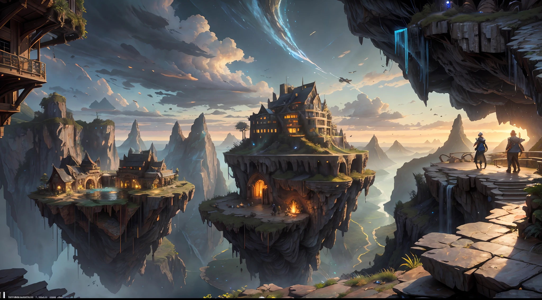 Movie, Relaxation Concept Art, Very Detailed Multiplayer Scene Interactivity, (Man), Woman, Beautiful Artwork Illustration, Detailed Landscape, Highly Detailed Scene, Environmental Design Illustration, Nature, Center Epic Building, Warmth, Night Glow, Original, HDR, (Cliff, Waterfall, Abyss, Rock, Cliff Edge House:1.3), Movie, Slate Grey, Dramatic Light, Architecture, Man Woman, Post-Impressionism, Key Vision, Biophilic Tanzania Bridge, At Twilight, Hair Light, Hearthstone artwork, Unreal Engine