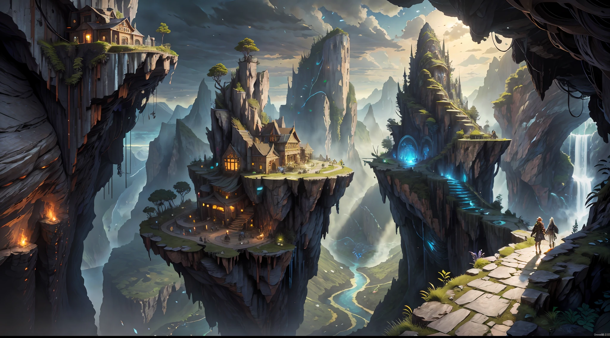 Movie, Relaxation Concept Art, Very Detailed Multiplayer Scene Interactivity, (Man), Woman, Beautiful Artwork Illustration, Detailed Landscape, Highly Detailed Scene, Environmental Design Illustration, Nature, Center Epic Building, Warmth, Night Glow, Original, HDR, (Cliff, Waterfall, Abyss, Rock, Cliff Edge House:1.3), Movie, Slate Grey, Dramatic Light, Architecture, Man Woman, Post-Impressionism, Key Vision, Biophilic Tanzania Bridge, At Twilight, Hair Light, Hearthstone artwork, Unreal Engine