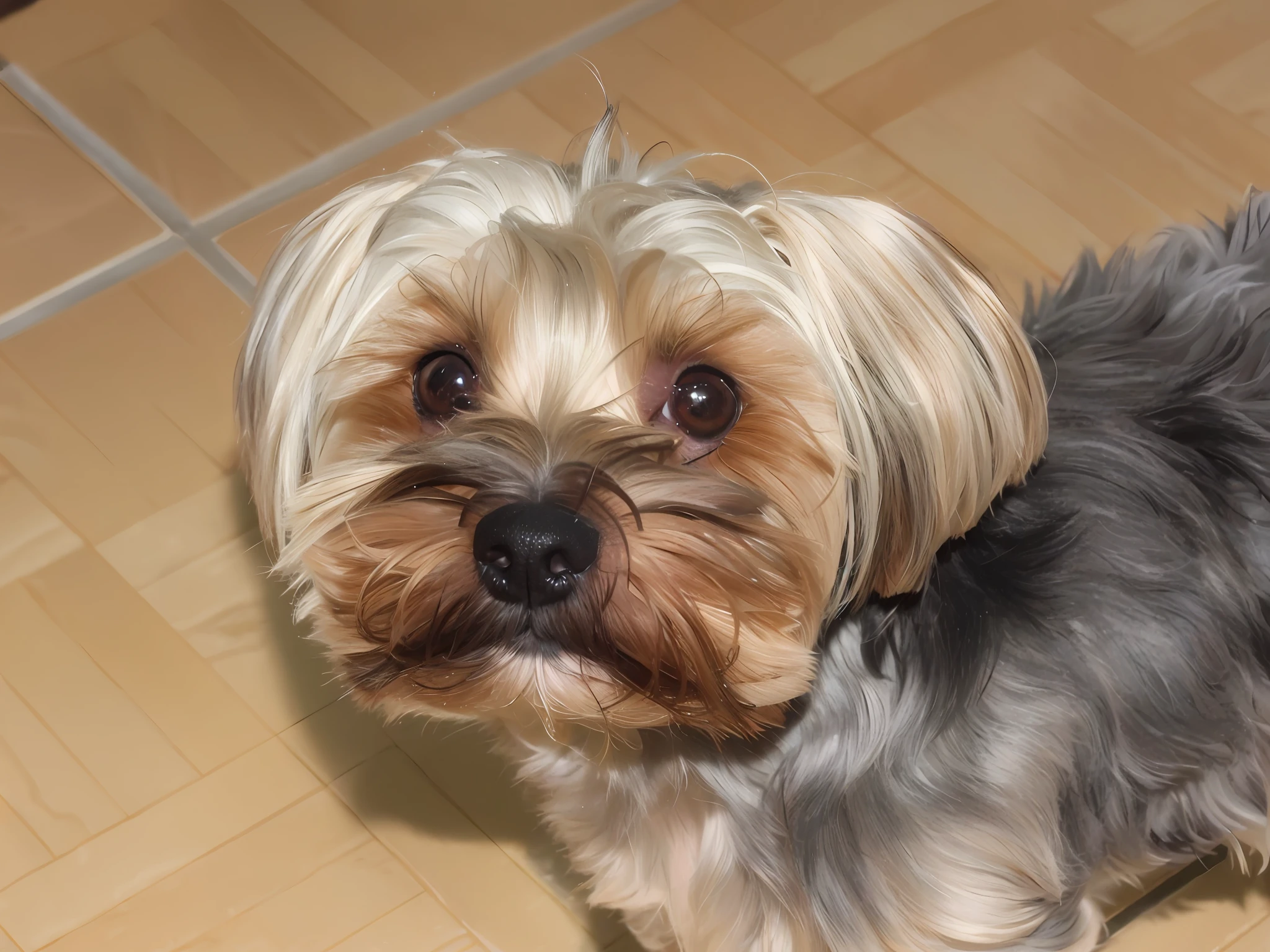 there is a small dog that is standing on the floor, yorkshire terrier, scruffy looking, looking towards the camera, cute dog, looks smart, small dog, bella, looking straight to the camera, miko, portait, years old, stern look, frontal portrait, daisy, rocco, portrait zeus, profile shot, suki, shih tzu, pepper, portrait shot