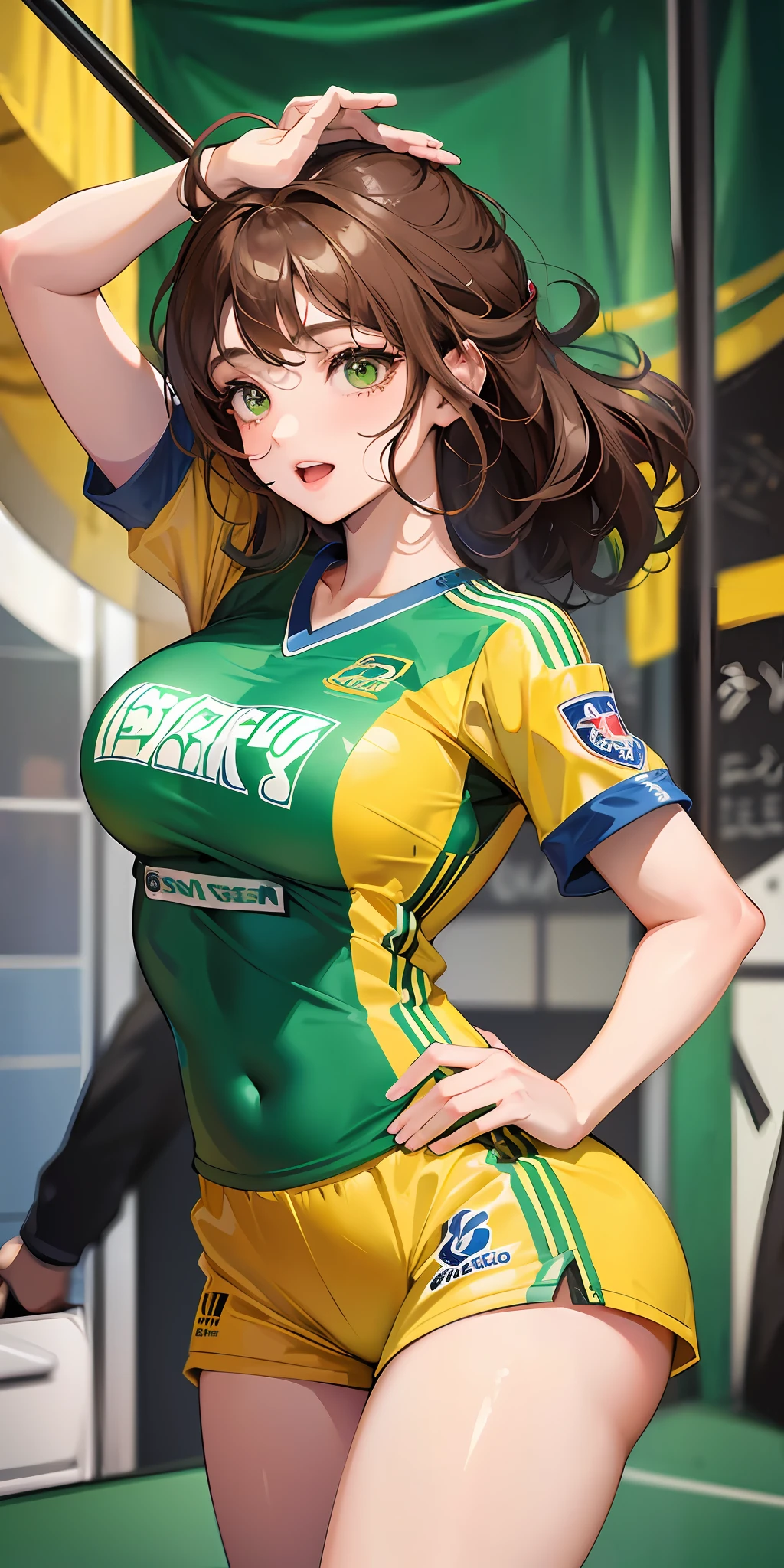 A detailed and charming description of a girl dressed as a sexy soccer player with a delicate look. Her curly brown hair falls softly over her shoulders, complementing her vibrant appearance. Wearing a uniform in the colors green and yellow, adorned with the flag of Brazil, she exudes confidence and passion for the sport. Sent on the football field, her pose is graceful and relaxed, conveying an air of intuition and grace --auto --s2