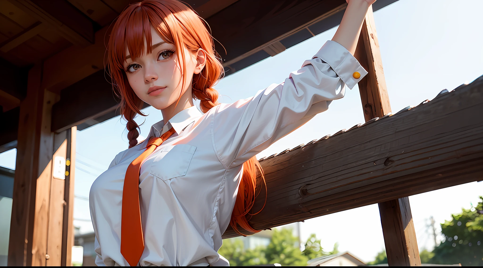 Makima\(Chainsaw Man\), best quality, ultra detailed, 1girl, solo, standing, red hair, long braided hair, golden eyes, bangs, medium breasts, white shirt, tie, look, smile, (badly: 1.2), looking at the viewer, (interview: 1.3), (dark background, chains: 1.3), from below, beautiful detailed eyes, focus, closeup shot, bright orange eyes anime