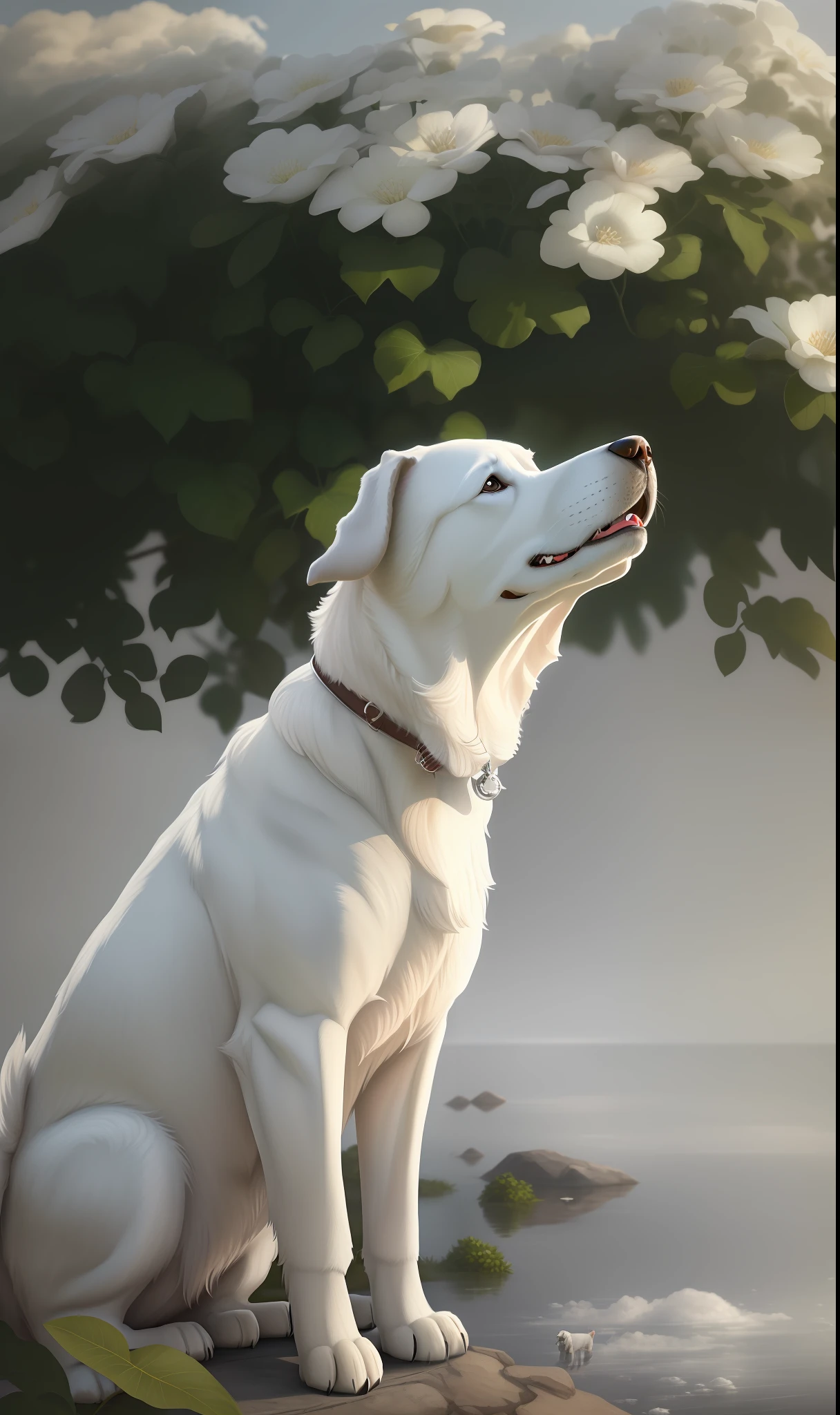 Dog, dog, dog, labrador, white dog, white hair, looking at the heavens, imposing, robust, male, dog by whites, photorealism, photorealistic, ultra hd, 4k, super detailed, detailed hair, realistic textures detailed, beauty white dog,
