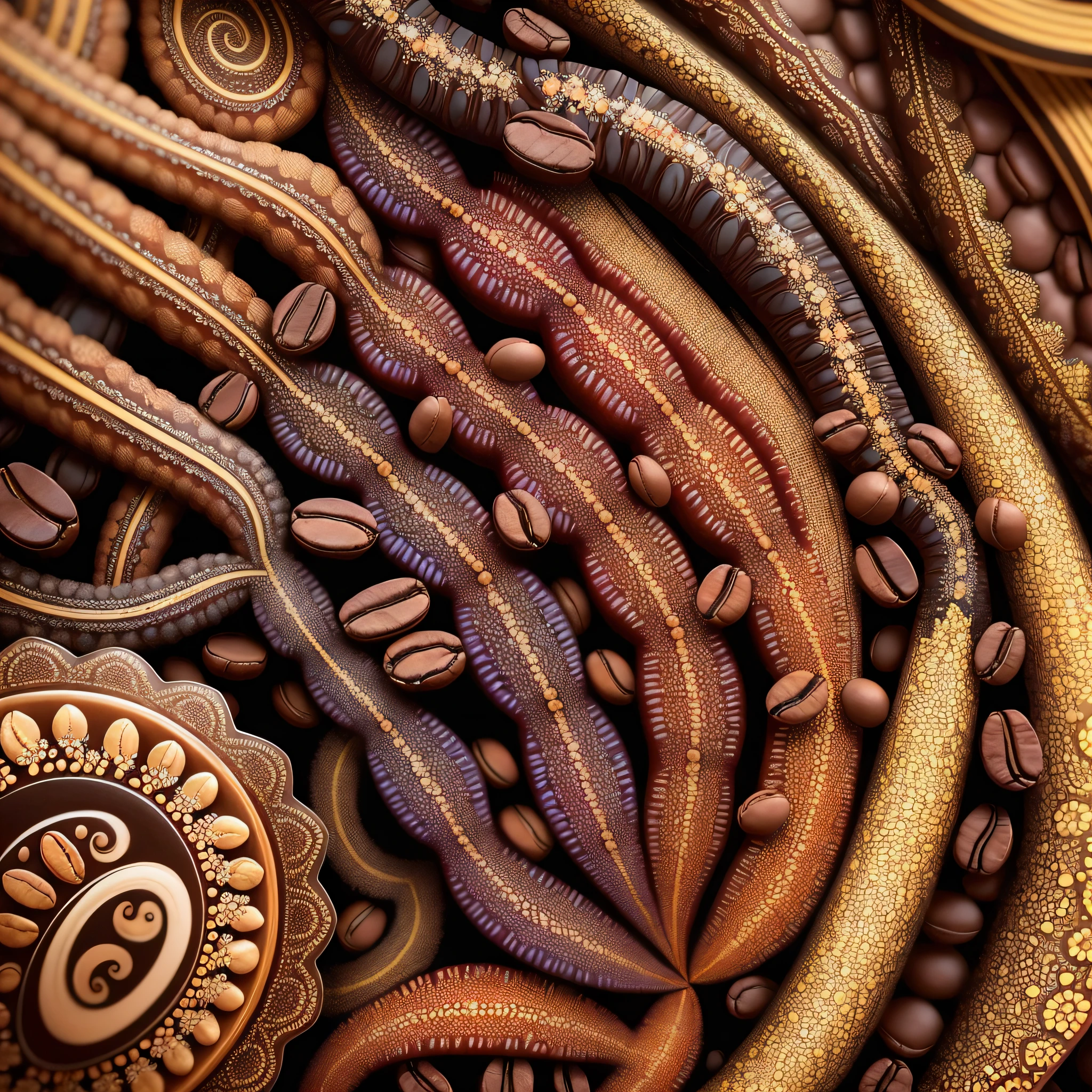 (Beautifully rendered fractal patterns made out of coffee beans),(best quality, high resolution, vibrant colors),romantic and nostalgic, reminiscent of a coffeehouse in a bustling city, a modern interpretation of ancient art, incorporating elements from nature, flowing and intricate, a feast for the eyes, a marvelous sensory experience. --auto --s2