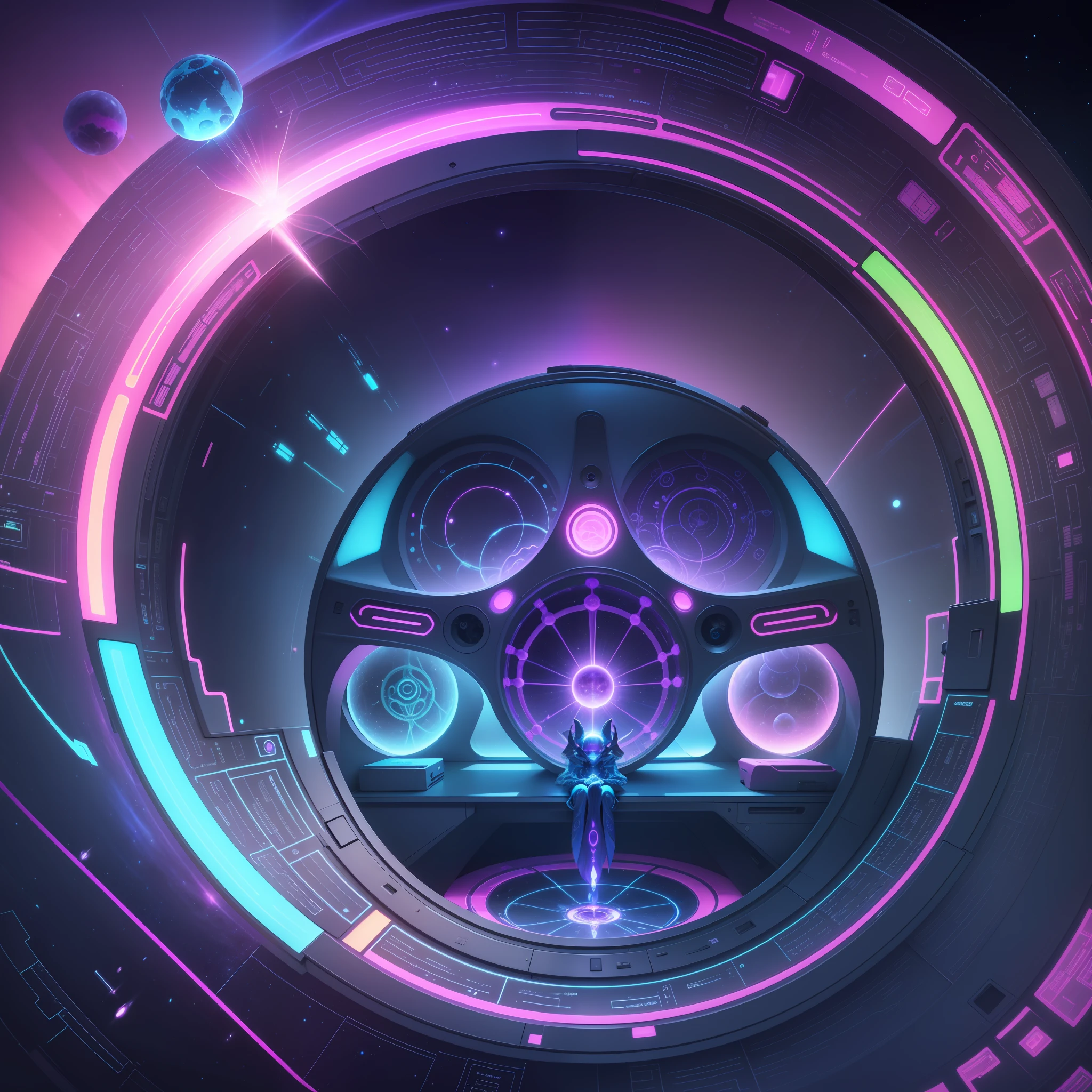 Create an image that depicts extraterrestrial beings inside a spaceship. These beings can have different shapes, some with blue shades, others with pink hues and even beings of transparent colors. They are involved in scientific and healing activities, working at the level of DNA, the etheric double and the human chakras. Convey a sense of harmony, technological advancement and spirituality through futuristic design and the use of vibrant colors and neon. The image should capture the essence of these extraterrestrial beings and the atmosphere of an advanced scientific laboratory inside the spacecraft.