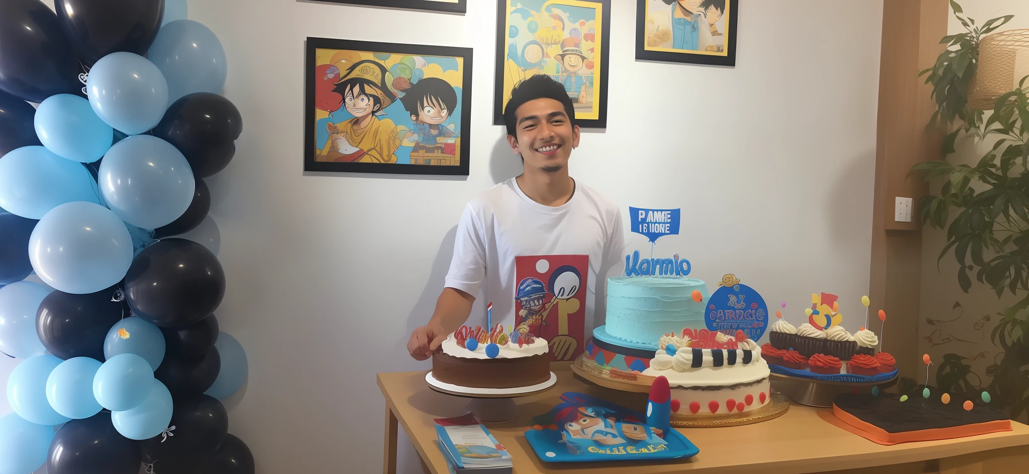 there is a man standing behind a table with a cake and balloons, inspired by Eiichiro Oda, he is about 2 0 years old, he is about 20 years old, alarcon caricaturista, profile picture, profile pic, luffy from one piece, by Juan O'Gorman, by Verónica Ruiz de Velasco, by Mario Cooper