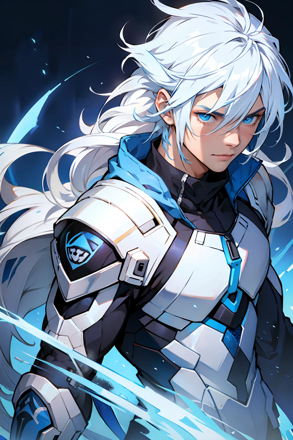 A boy, ciborg, with white and blue clothes, messy long white hair and blue eyes
