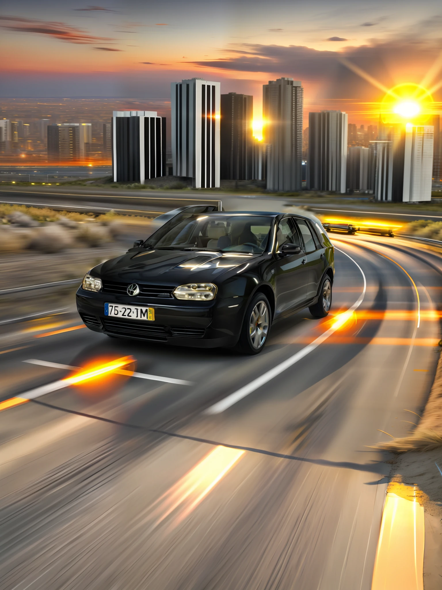 I put a road, put the image vehicle on a highway, with sunset, realistic 4k, loRa