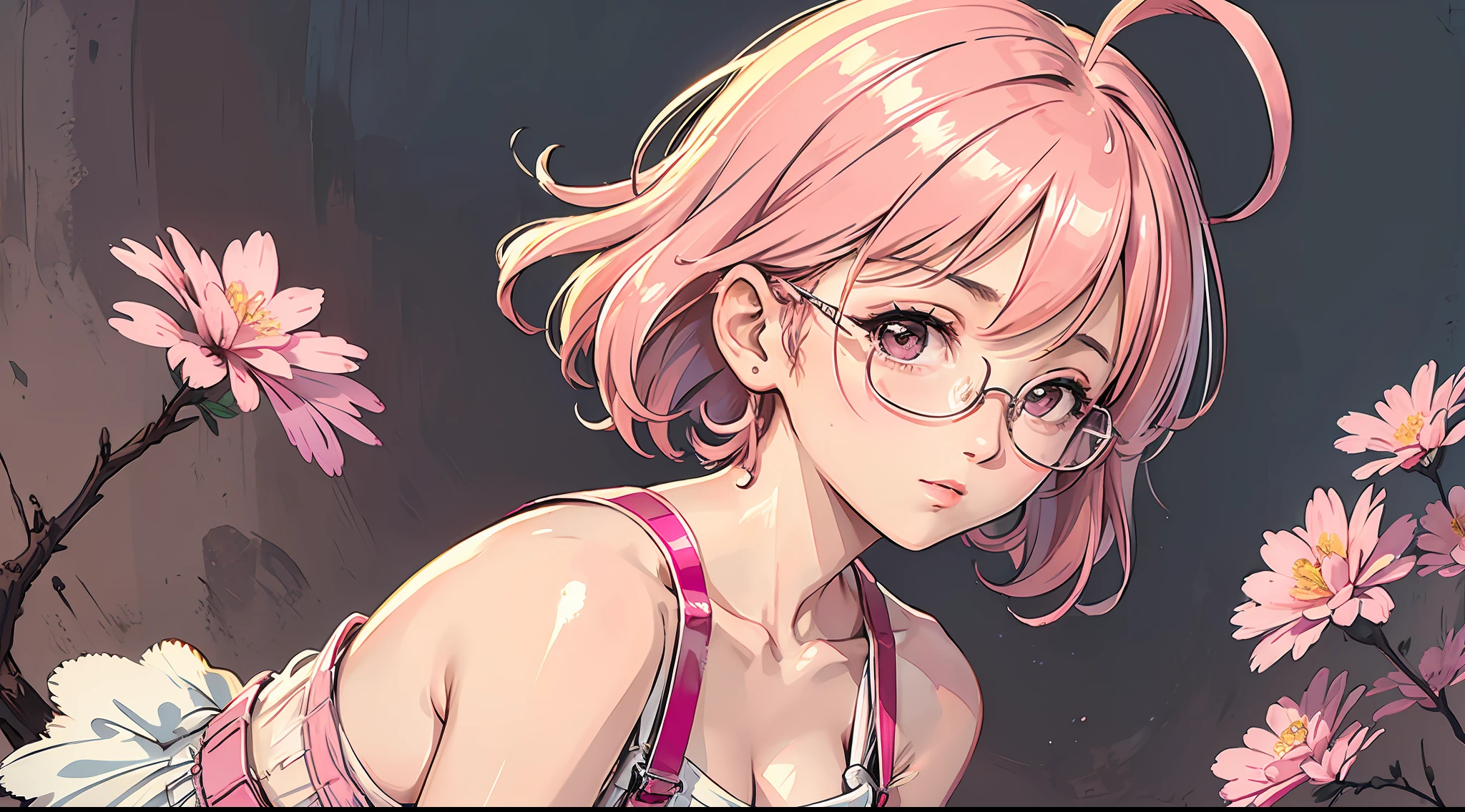 (masterpiece:1.2, best quality), (dinamic lighting) 1lady, solo, short hair, big breasts, (shiny skin:1.2), upper body, glasses, modern, wavy pink hair,pink Suspenders, flower on ear, harajuku style, hair pin, loli ,ahoge