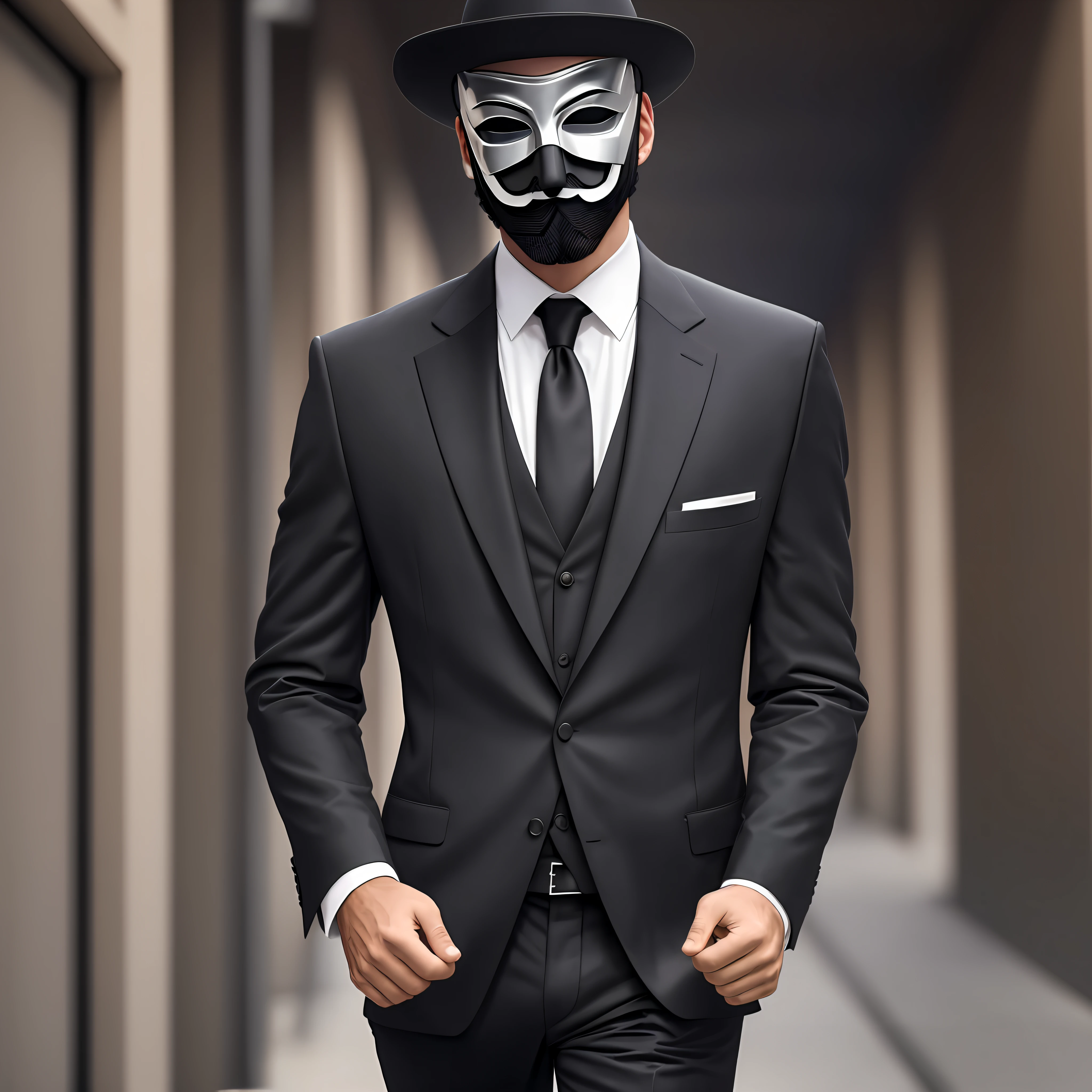 a man with the Anonymous mask in a black suit looking forward, realisct, 8k, --auto --s2