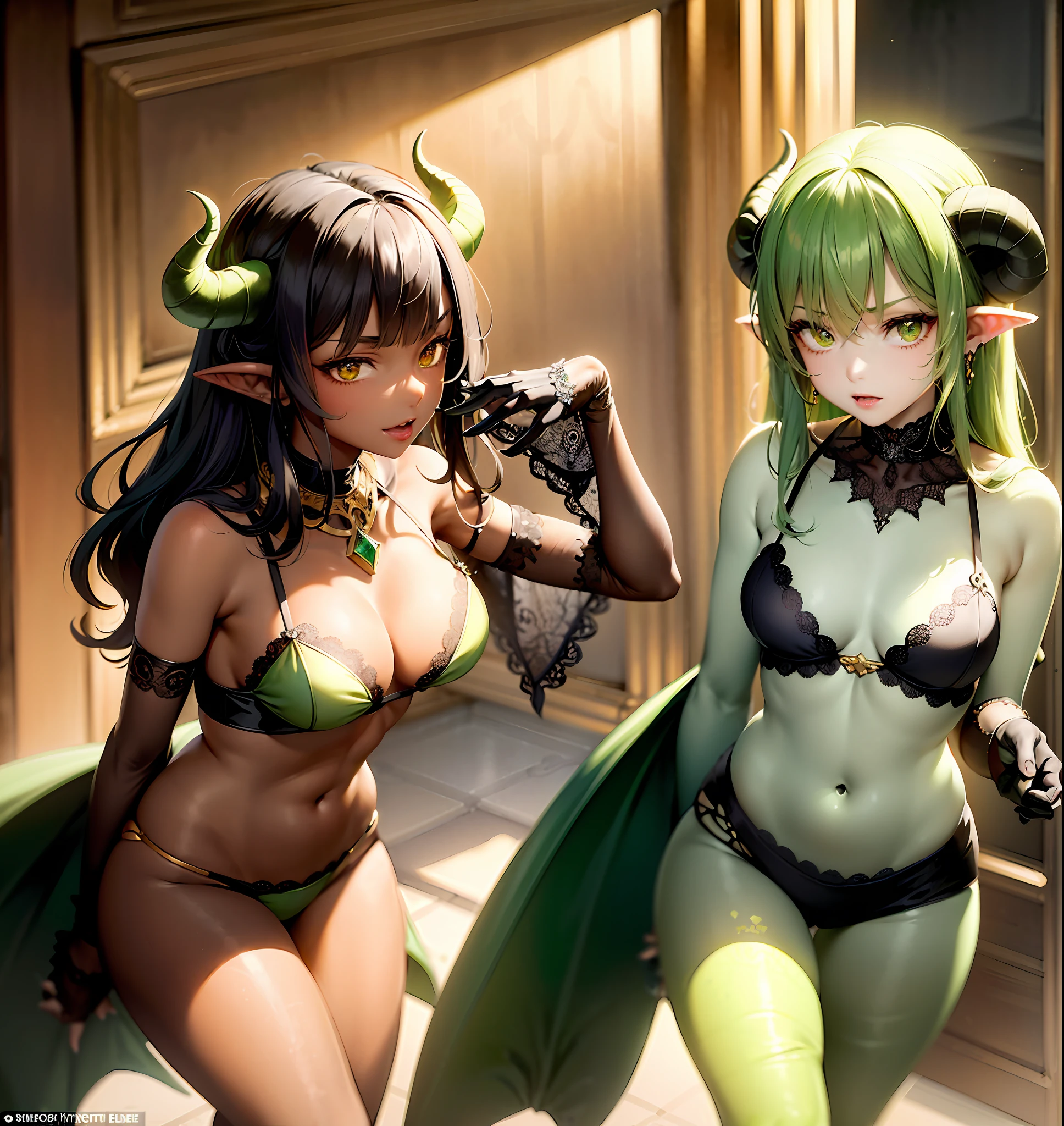 (masterpiece: 1.2, best quality), 2 girls, black hair,huge breasts, (dynamic posture), (bright skin, dark green skin), demon girl, green skin, thin and lacy gloves, ( small demonic horns:1.1), (heaven), bangs, (jewelry, golden ornament:1.15 ), large pelvis, black pantyhose