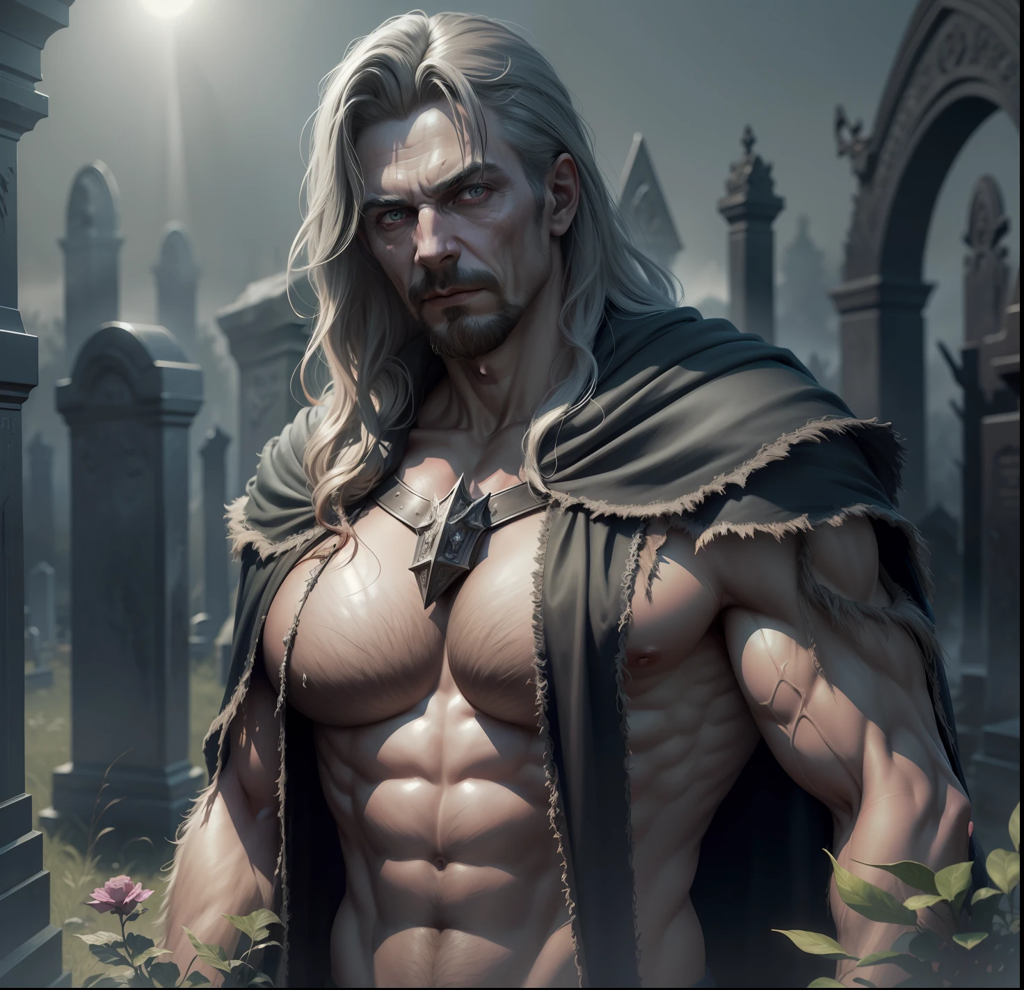 8k, ultra quality, dark night, heavy fog, hyper-realistic, photo, fantasy, Zombie Wizard Man detailed skin, detailed face, brassiere, closed chest, cloth, bright, sunlight, outdoor Huge cemetery, darkness lighting, dnd
