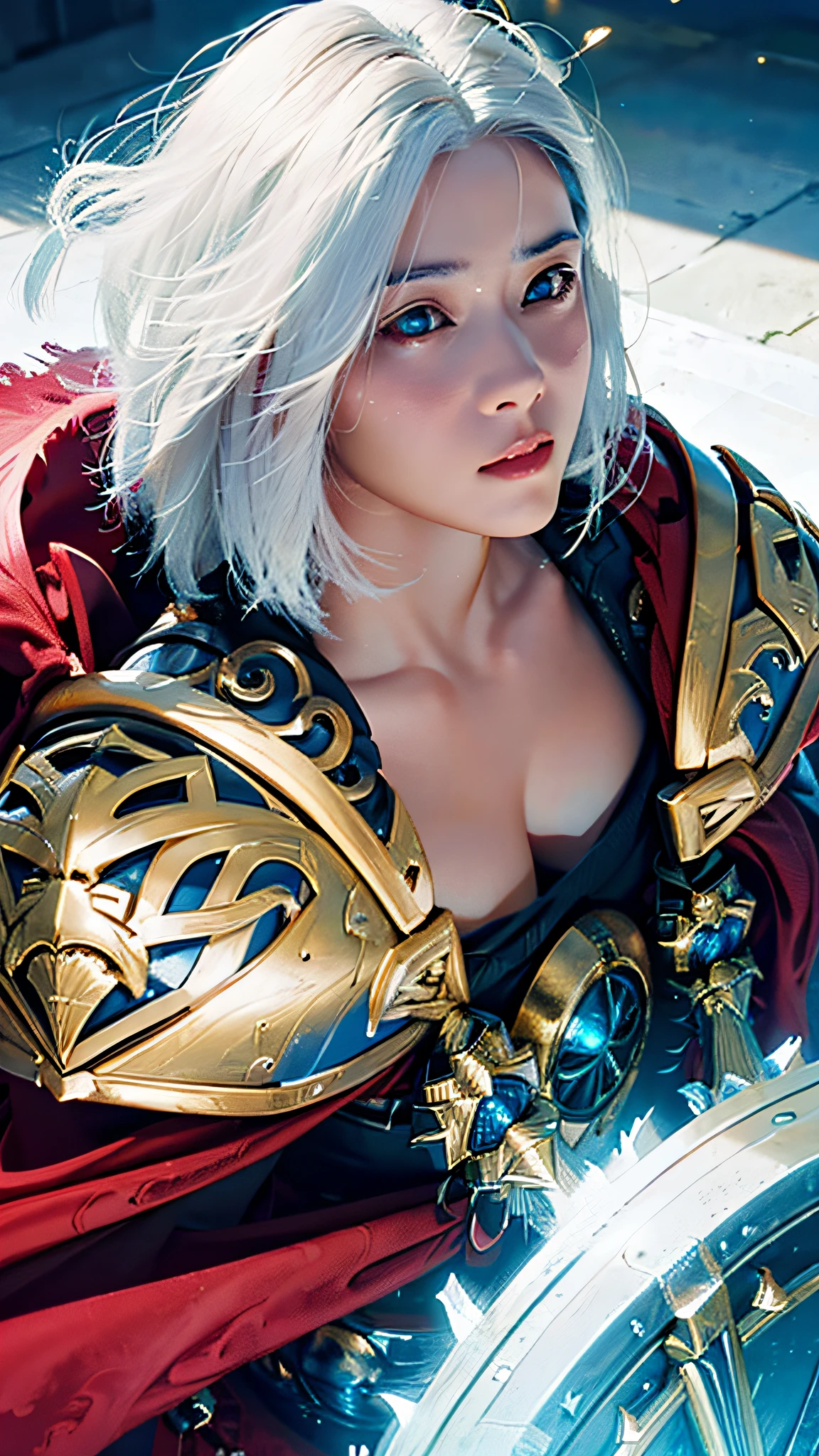 Official Art, Unity 8k Wallpaper, Ultra Detail, Masterpiece, Best Quality, One Woman, (Very Detail), Dynamic Angle, Mystical Expression, Fire Glowing Effect, Fantasy Background, Rim Lighting, Side Light, Cinematic Light, Ultra High Definition, 8k UHD, Film Grain,Best Shadow, Delicate, RAW, Light Particles, Detailed Skin Texture, Detailed Gem Armor Texture, Detailed Face, Complex detail, ultra detailed, bright, strong, gold armor, cleavage, has glowing weapons, has a shield, pole dron, (((white hair)), shining black eyes, long red cloak, fantasy, (realistic),