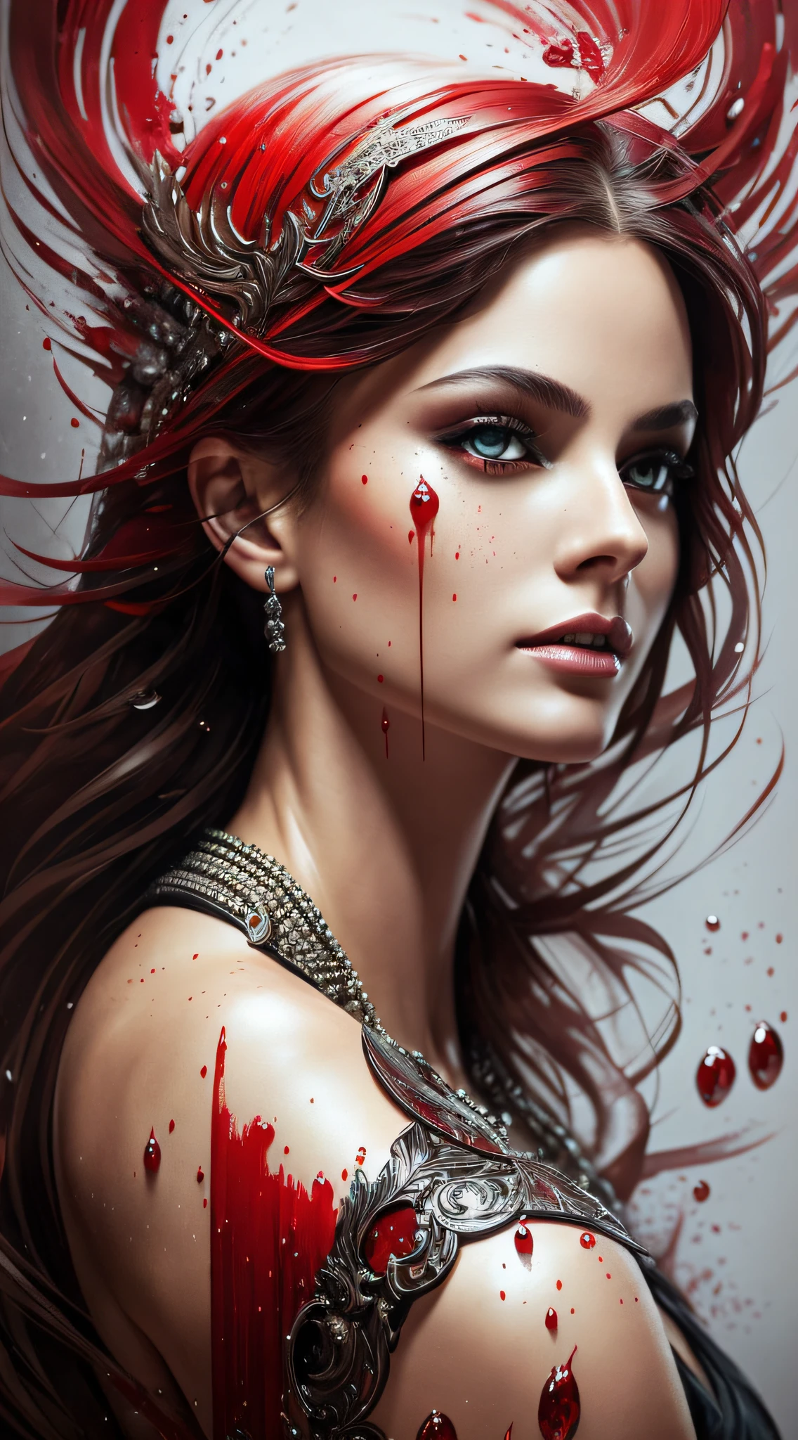 a detailed and captivating description of a seductive vampire with short red clothes, beautiful and symmetrical brown eyes, dazzling and meticulously elaborated face, in a dynamic pose, in the style of artists such as Russ Mills, Darek Zabrocki, Ivan laliashvili, Jean-Baptiste Monge. Ink falling into the water, splashes and stains, paper texture, pulp sleeve style and perfect shading, with dramatic lighting. The artwork must be centered, stylized, and elaborated. Rendered in 8K resolution for high-quality detail, artstation, concept art, smooth and sharp focus, detailed illustration, soft and natural light, volumetric and cinematic, intricate artwork. --auto --s2