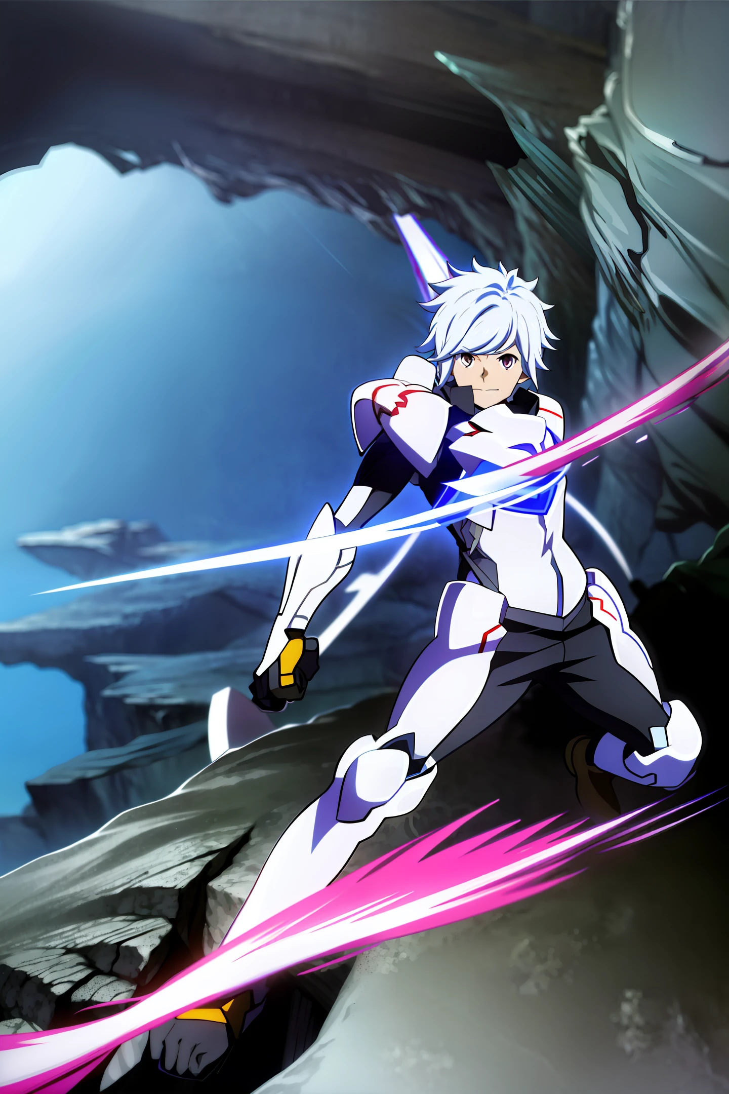 male character, anime, white hair, sword-wielding, fighting robot monster, night environment, lightning, magic sword