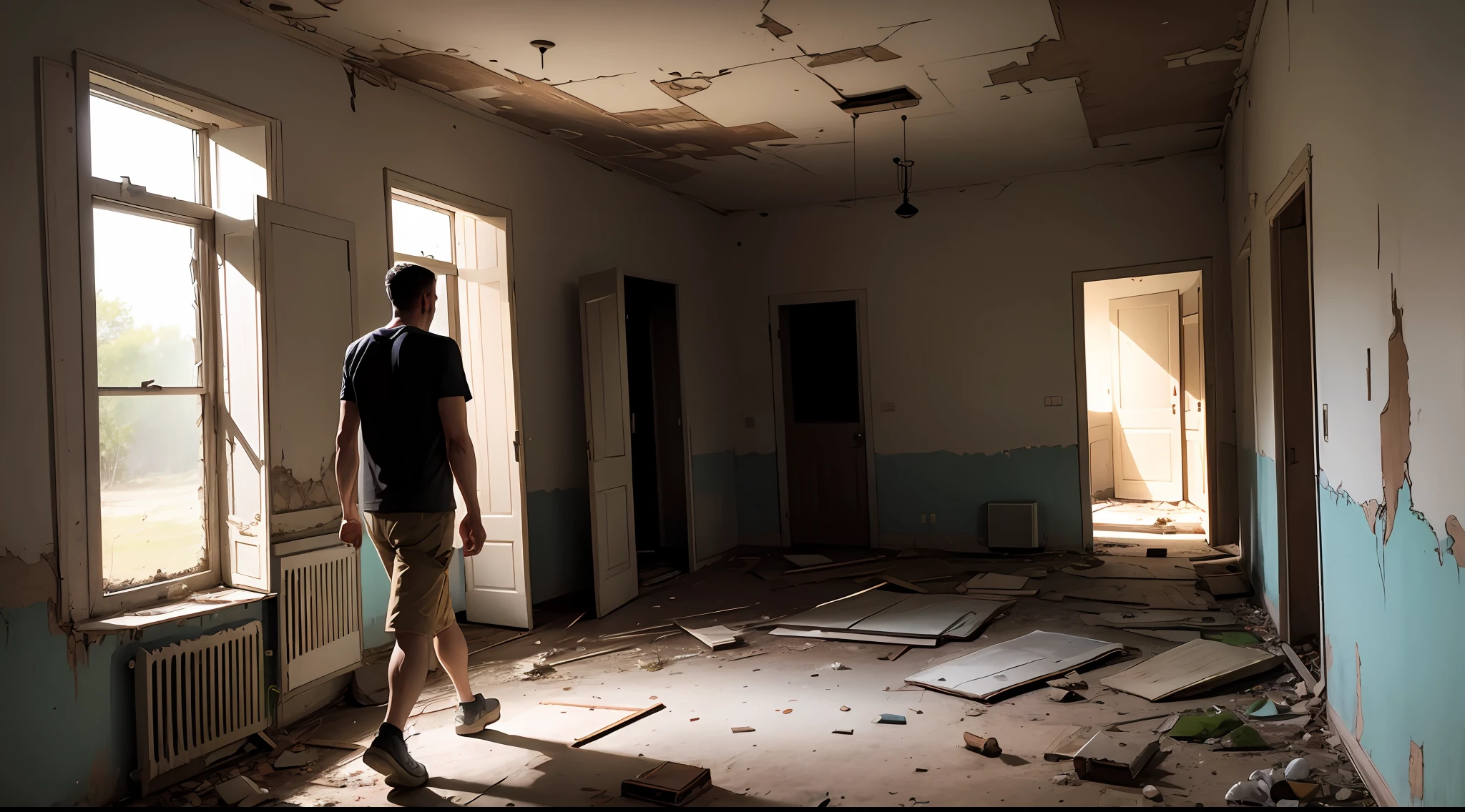 man walks in abandoned house