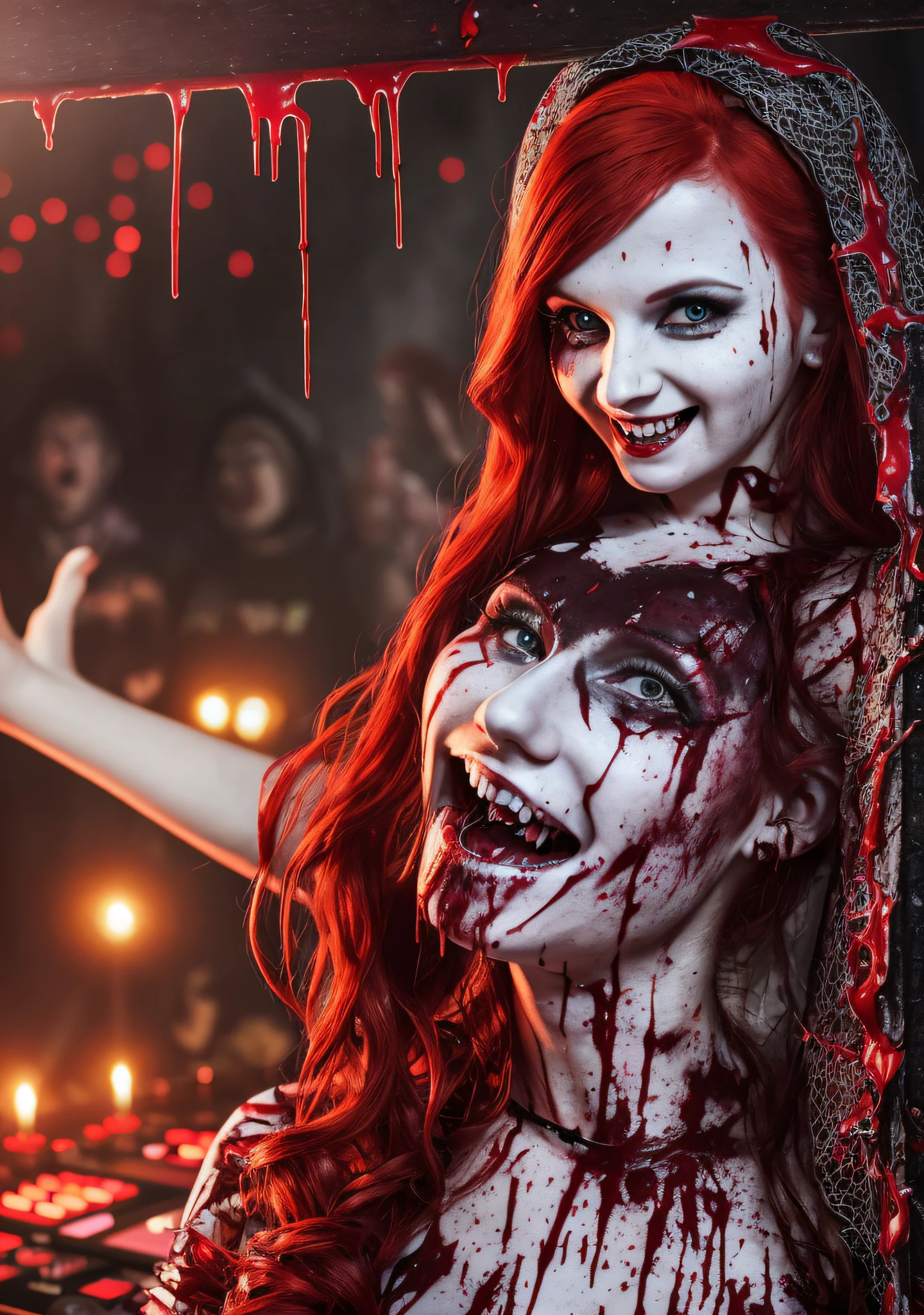 Photo of redhead DJ nun woman with blood dripping down her face, detailed skin texture, wavy hair, fangs, bokeh background, at night, 1girl, grin, horror theme, maniacal smile, predatory eyes, ultra realistic, Tim Burton style, she is in a rave inside a church, vampires in the background.