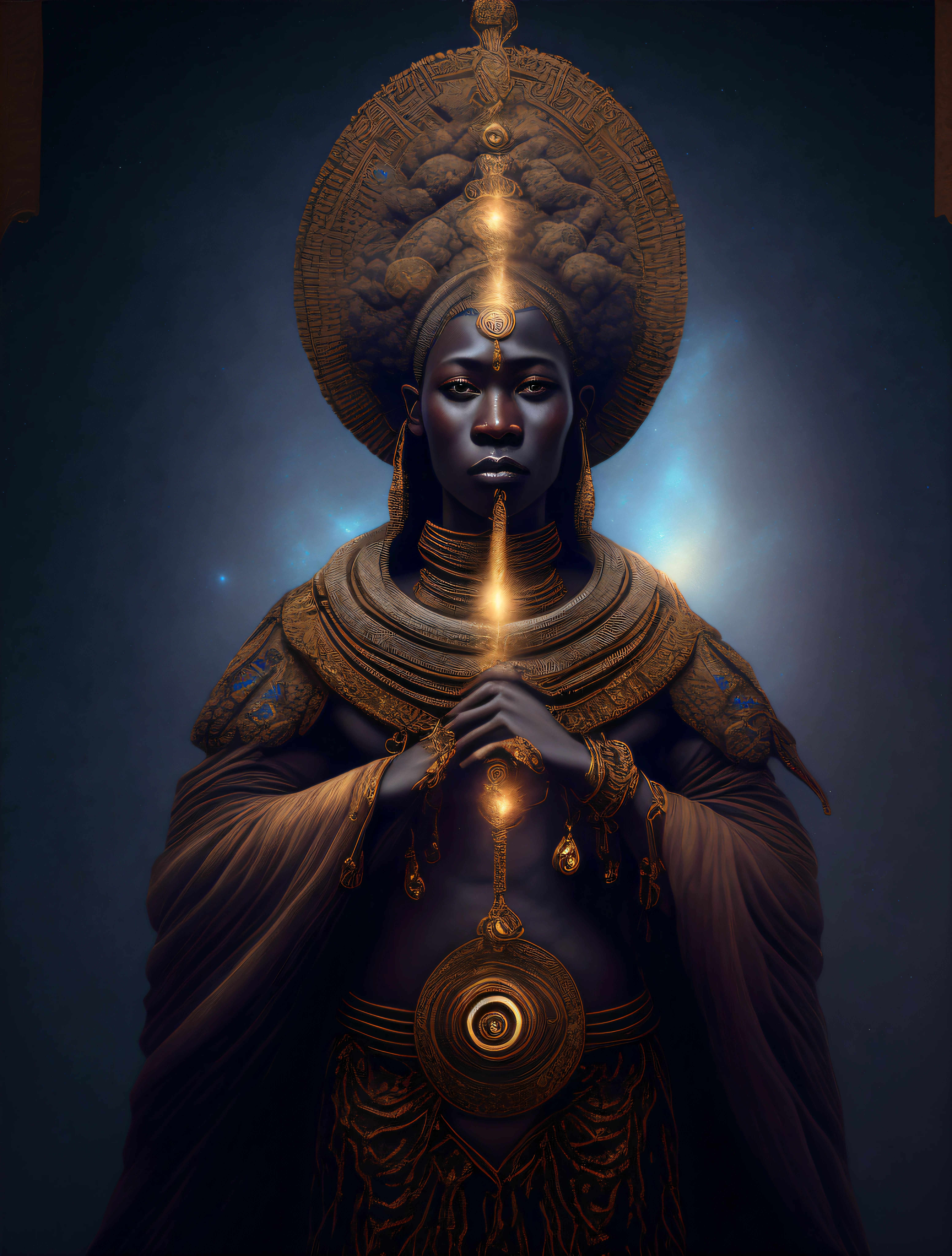 Xangô the African orisha, Yoruba, wearing a detailed and intricate ade, god of justice, deep gaze, cosmic god, astrophotography