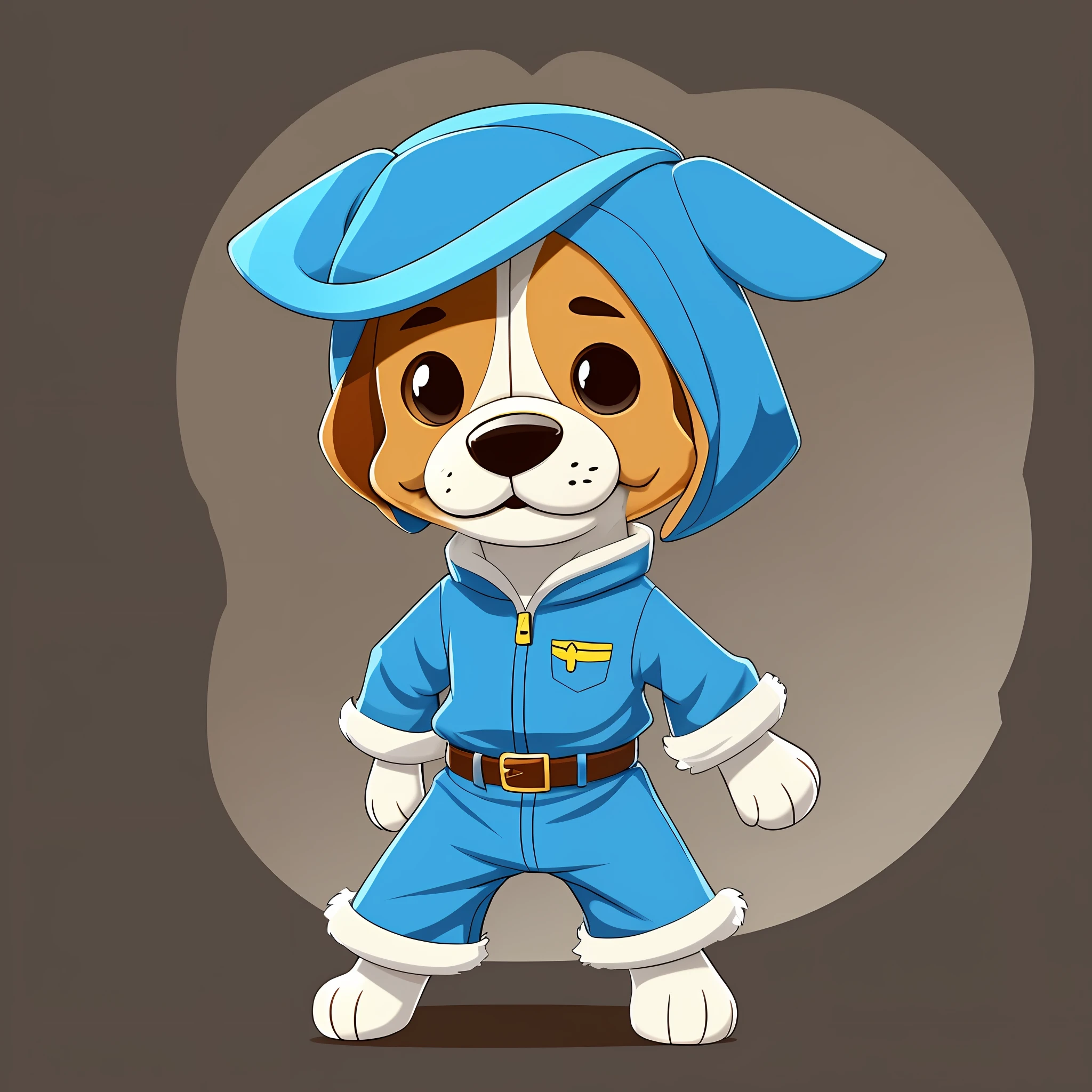 Create an anthropomorphized bipedal beagle dog character for a cartoon-style 2D animation. He should be friendly, inviting, and seem to be calling children to play with him. The dog should have a short, tricolored coat, with brown, black and white spots. He should have long, droopy ears and large, expressive eyes, should wear a blue jumpsuit and yellow boots. The character must convey joy, animation and a playful spirit. --auto --s2