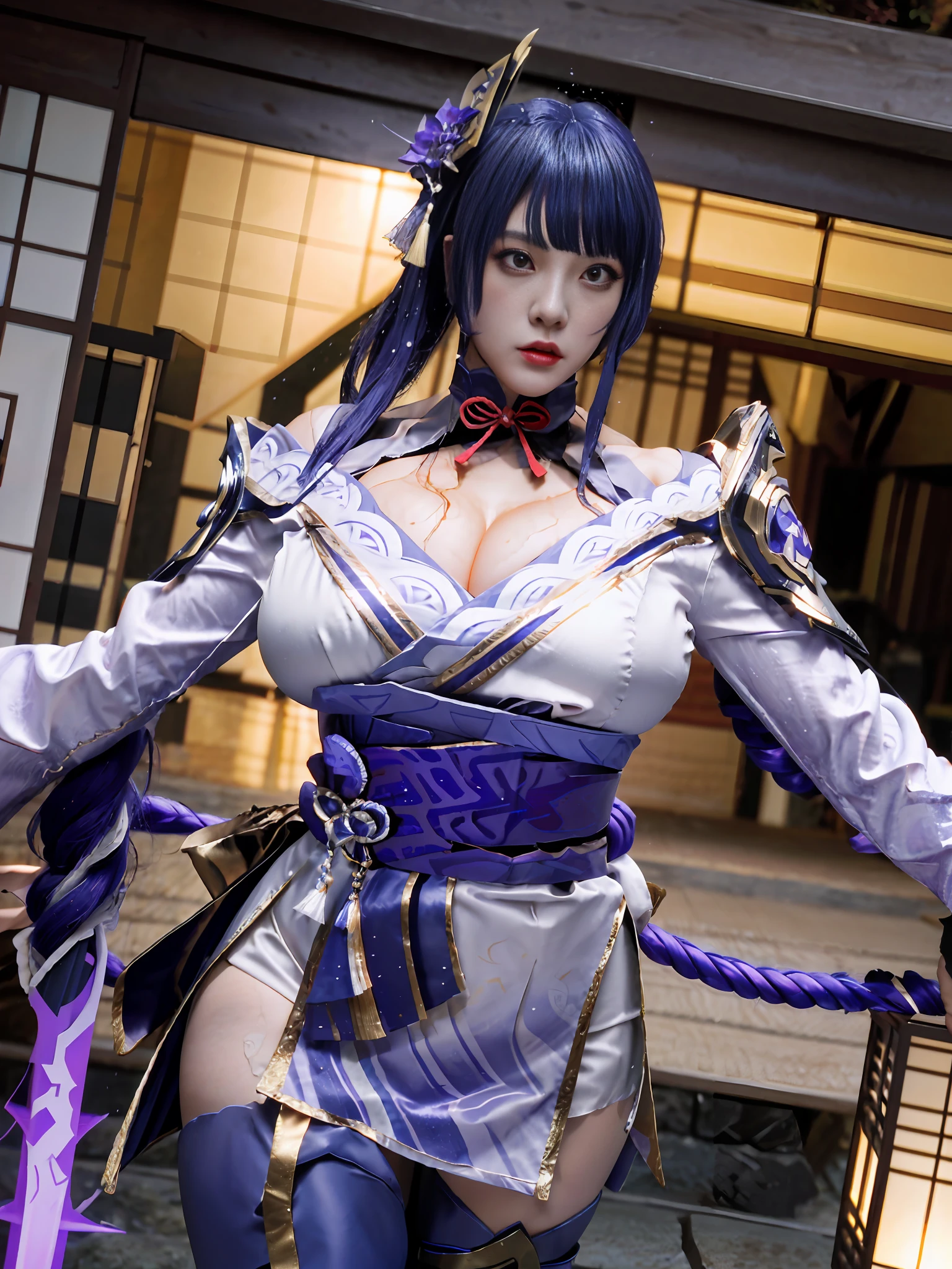 Unreal Engine 5 Realistic Render, wearing cosplay Raiden Shogun from genshin impact original costume, hot model Korean, front bangs hair, beautiful face, top body is hyper realistic thicc muscle and hyper largest_breasts!! with the type of boobs_melons, lower is huge buttocks, wet shiny body