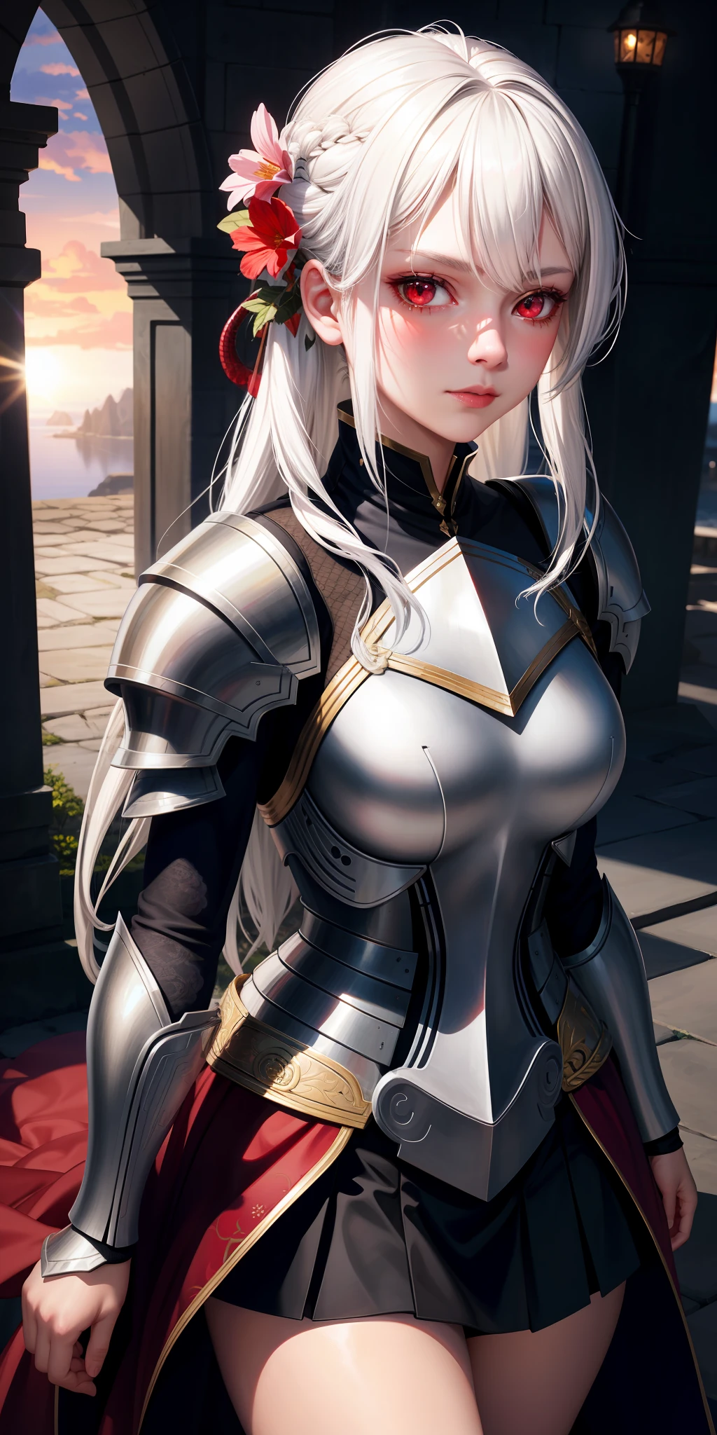 realistic, 1girl, white hair, red eyes, bright eyes, armor, skirt, lips parted, blush, night, flowers, sun, sunlight, dragon, warrior girl