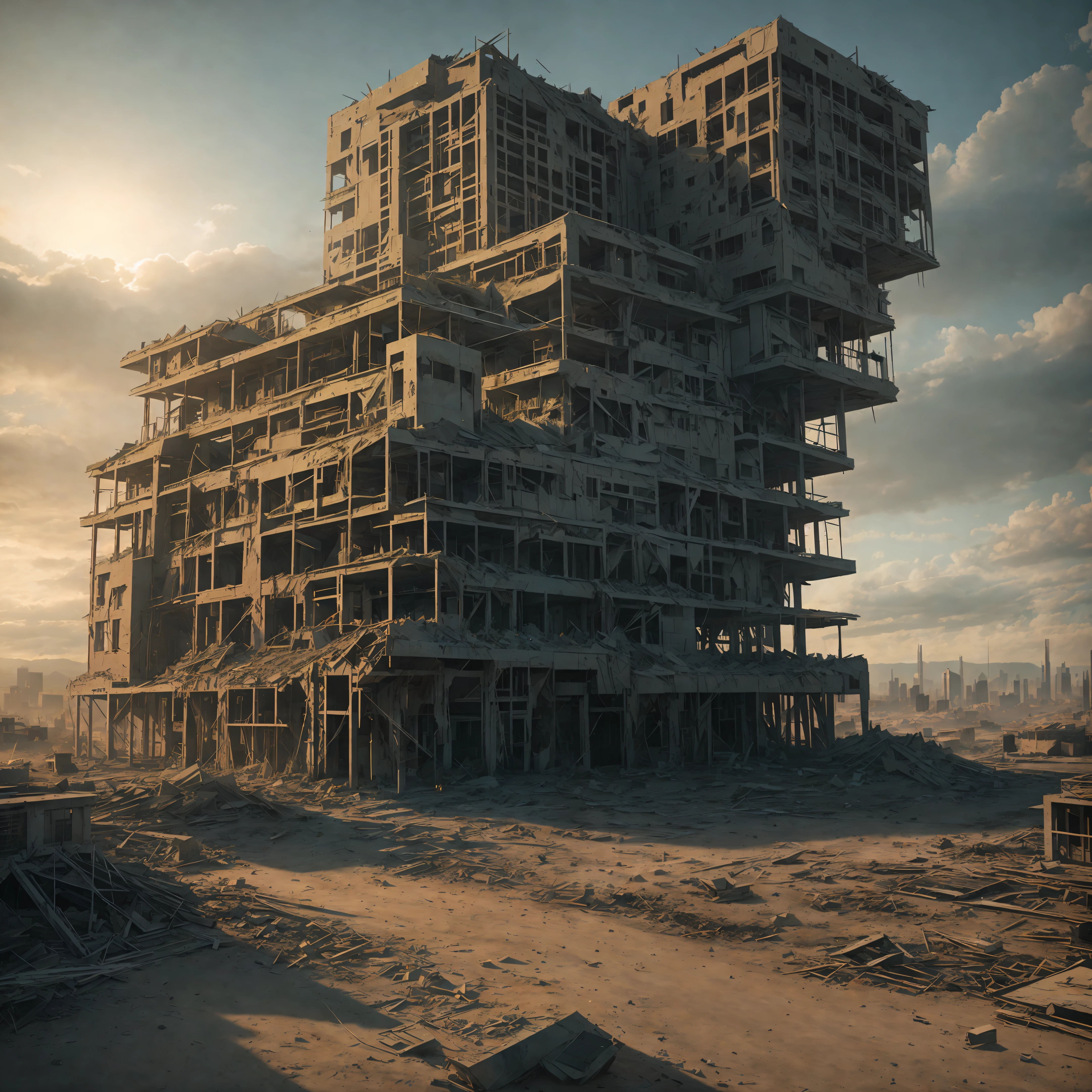 An apocalyptic, coarse, aesthetic, fallen buildings, landscaped place. photorealistic, 8k uhd, studio quality, ultra realistic, maximum detail, massive scale, post-processing, realistic, photorealism, photoshop, photography, detailed, cinematic lighting, landscape, panoramic, landscape, raytracing, cinema4d