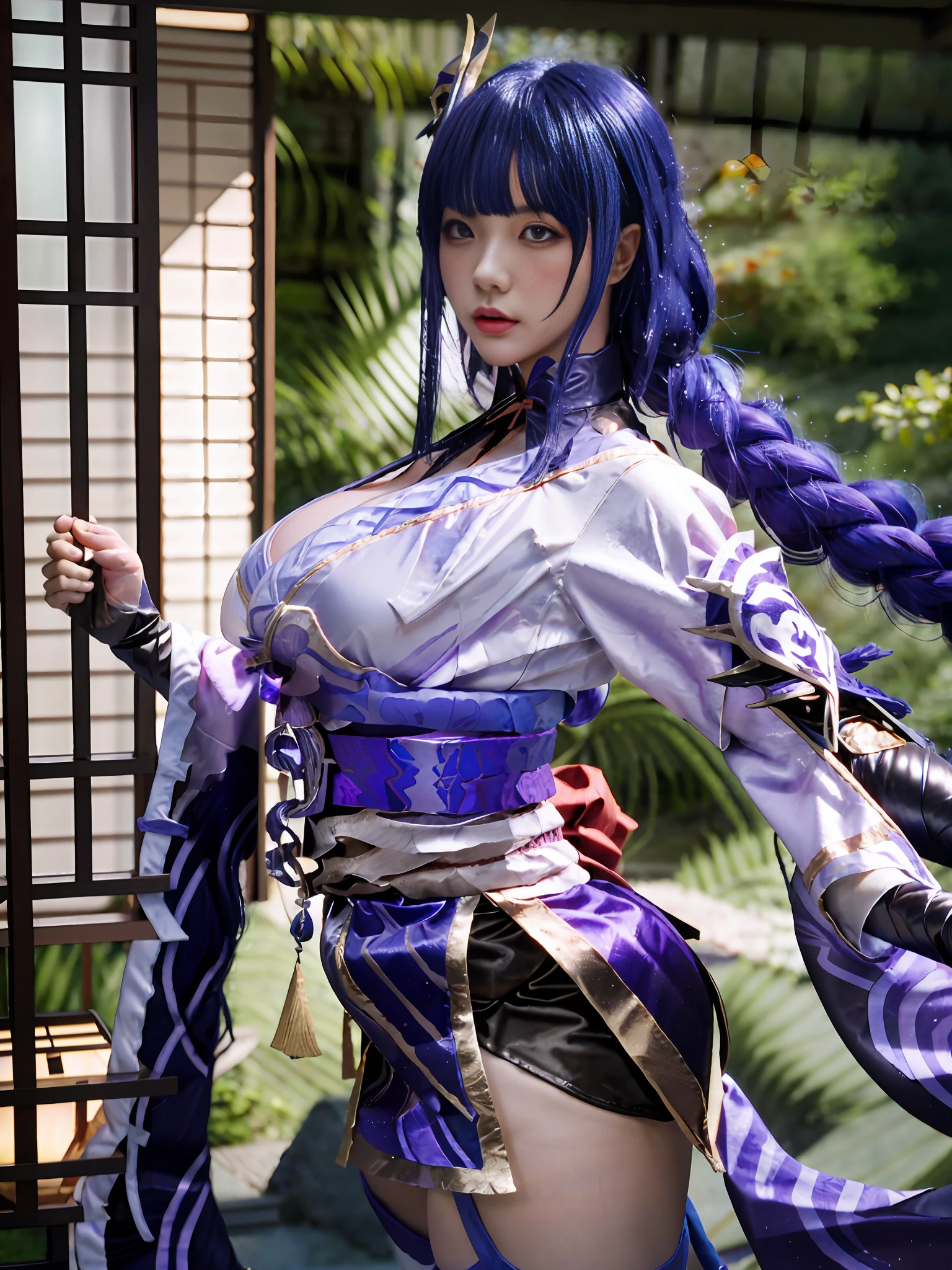 Unreal Engine 5 Realistic Render, wearing cosplay Raiden Shogun from genshin impact original costume, hot model Korean, front bangs hair, beautiful face, top body is hyper realistic thicc muscle and hyper largest_breasts!! with the type of boobs_melons, lower is huge buttocks, wet shiny body