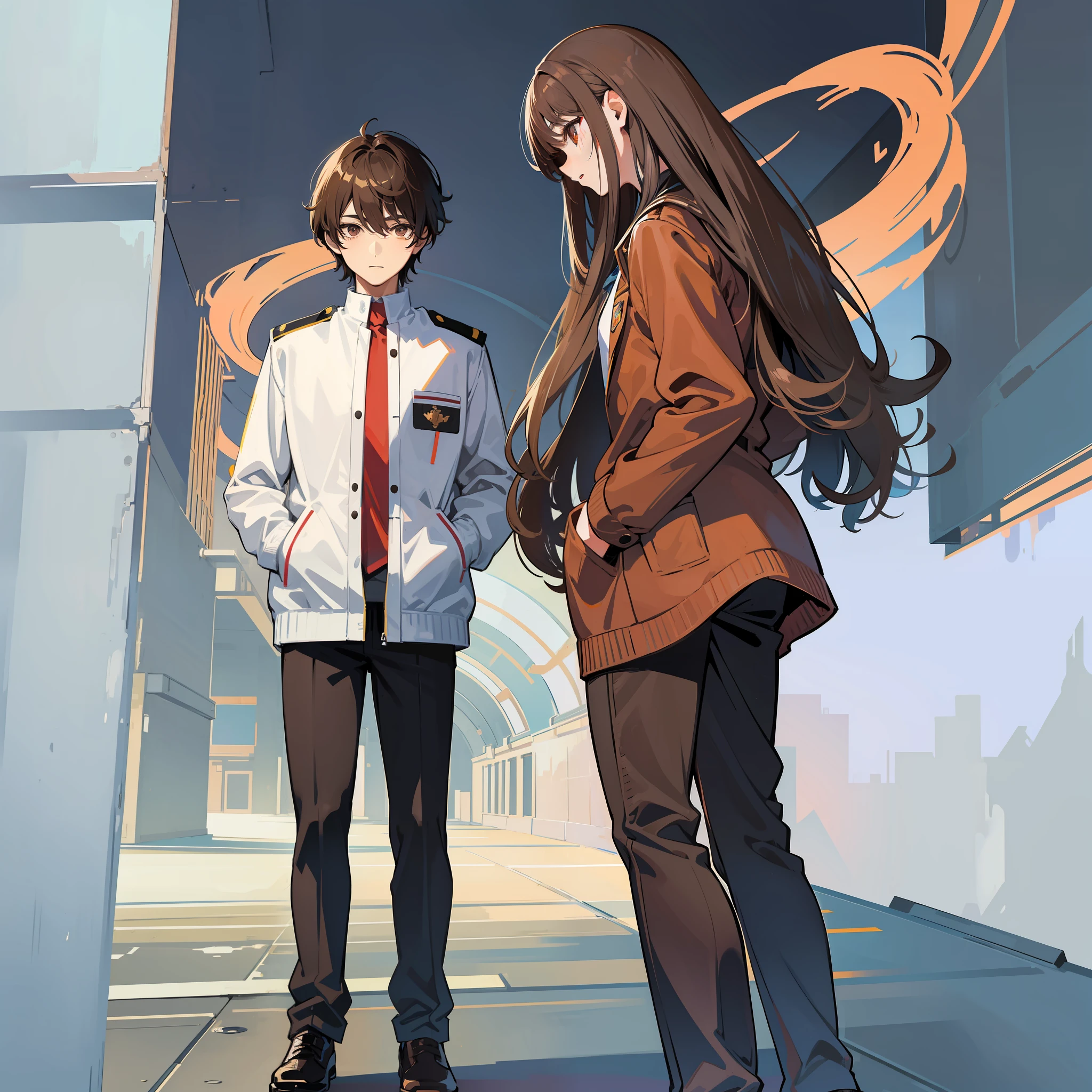 Anime girl, with school uniform and jacket, C with long brown hair next to boy in brown uniform, with short brown hair and bangs, full body, digital anime art, background in a school