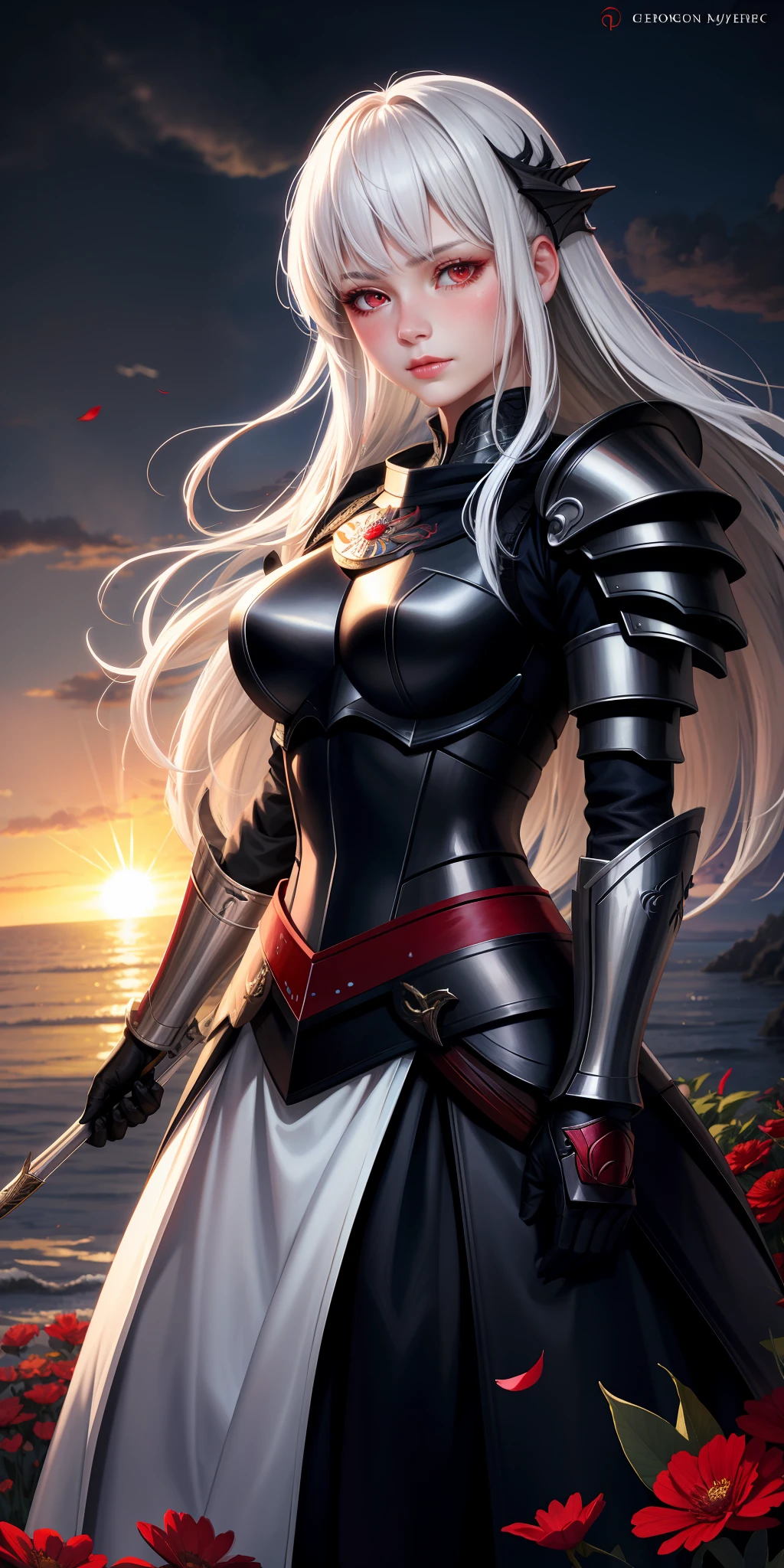 realistic, 1girl, white hair, red eyes, bright eyes, armor, skirt, lips parted, blush, night, flowers, sun, sunlight, dragon, warrior girl