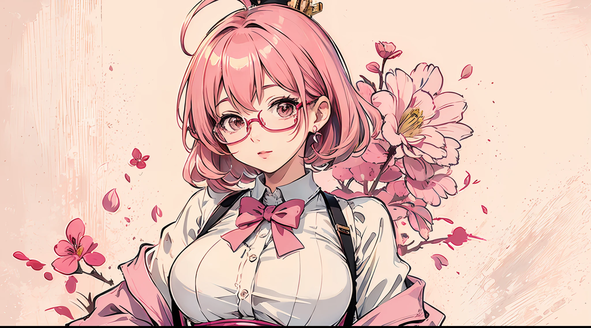 (masterpiece: 1.2, best quality), (dynamic lighting) 1lady, solo, short hair, large breasts, (shiny skin: 1.2), upper body, glasses, modern, wavy pink hair, pink suspenders, flower in ear, harajuku style, hair pin, loli, ahoge red background