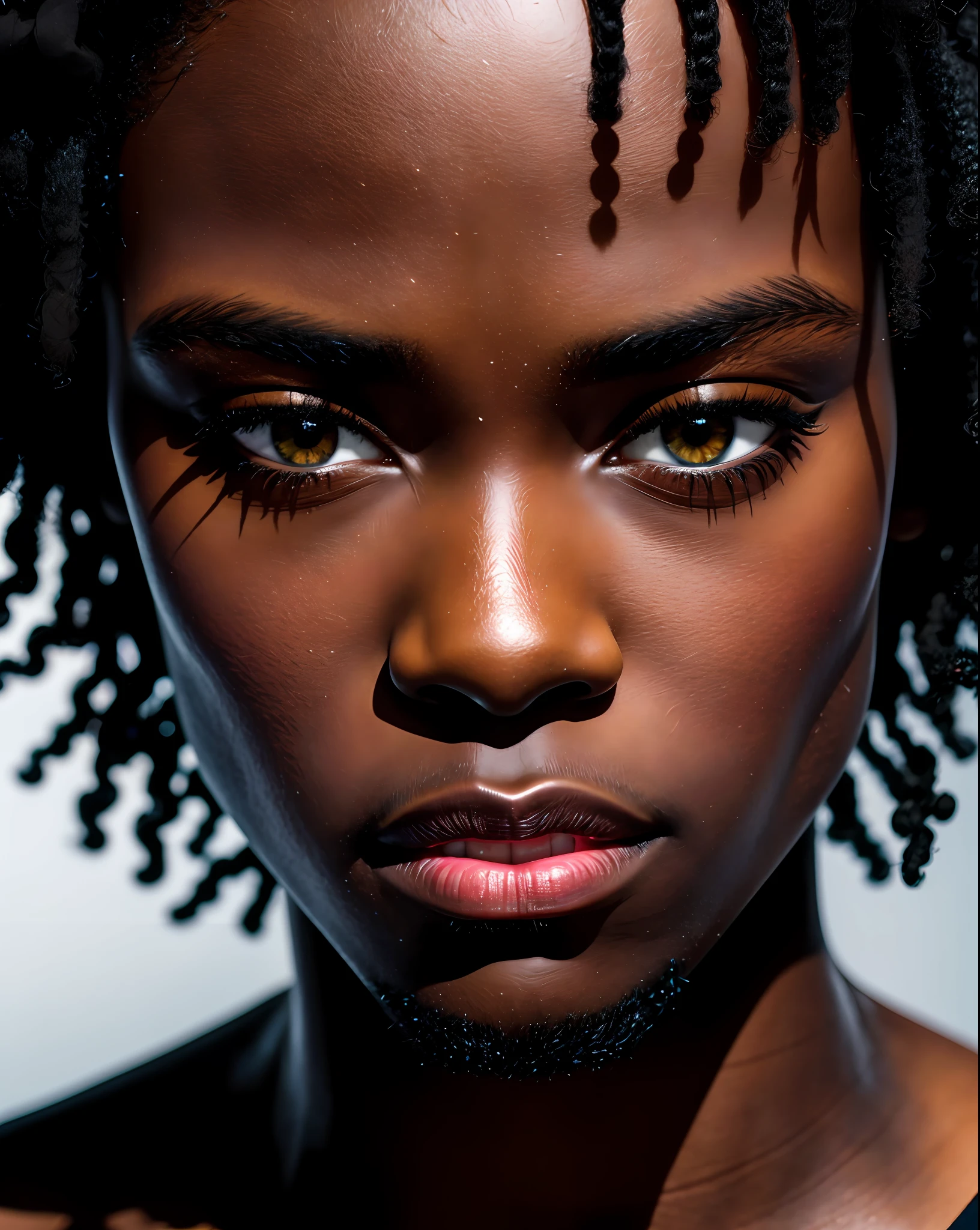 anime, (8k, RAW photo, maximum quality), beautiful (black skinned man)++, close-up, shirt, (detailed eyes: 0.8), (looking at camera: 1.4), (maximum quality), (best shadow), , intricate details, interior, dark studio, soft colors,