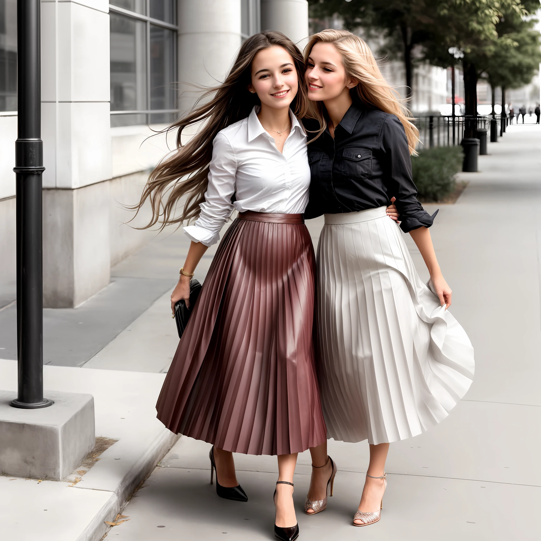 documetary photograph of many tender, compassionate, kind, flirty, shy smile, attractive, pretty, cute, passionate women who want to kiss and love women, all wearing (long pleated skirts) and girly low heeled office shoes, (wind blowing, windy:0,1),