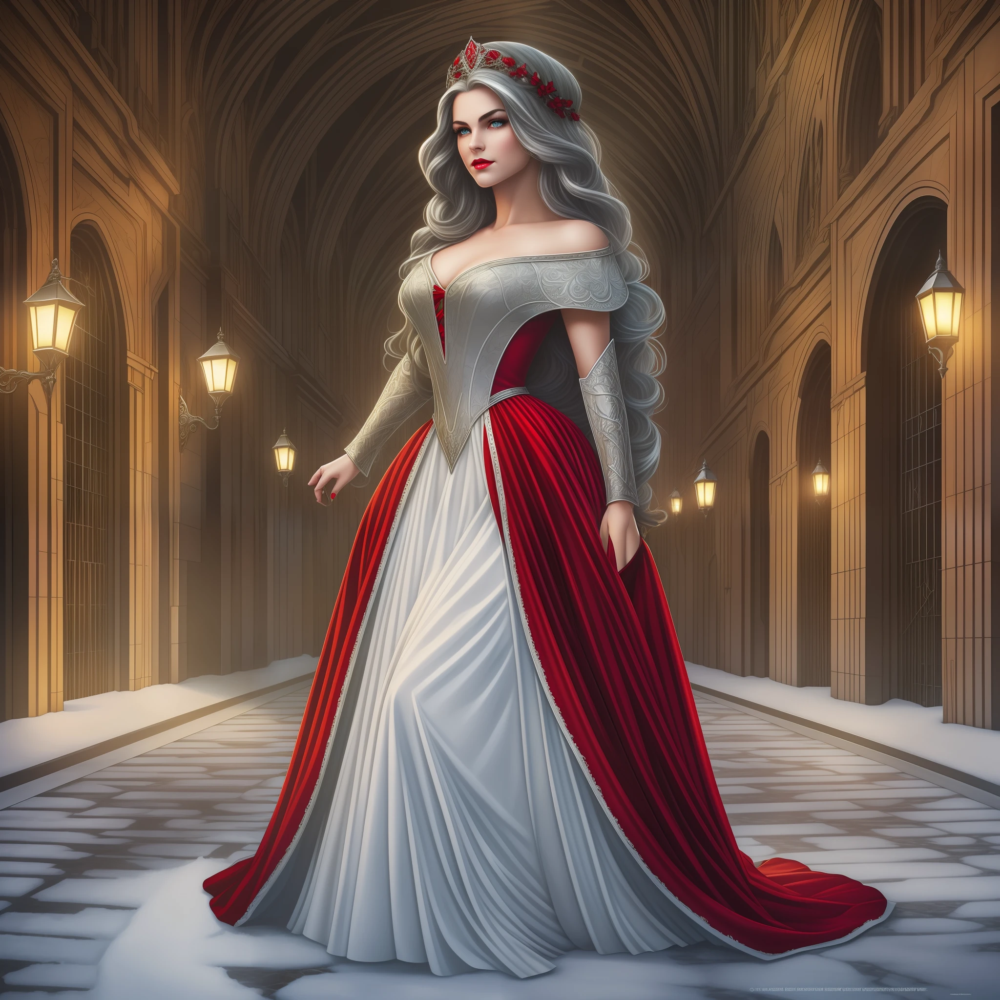 Head and shoulders portrait of a High Gothic Beautiful Princess with Long Silver Hair Snow White Skin and Red Lips, modelshoot style in the city, full body shot, accent lighting, detailed green eyes, (arched back:1.2), Mark Brooks and Dan Mumford, comic book art, perfect, smooth