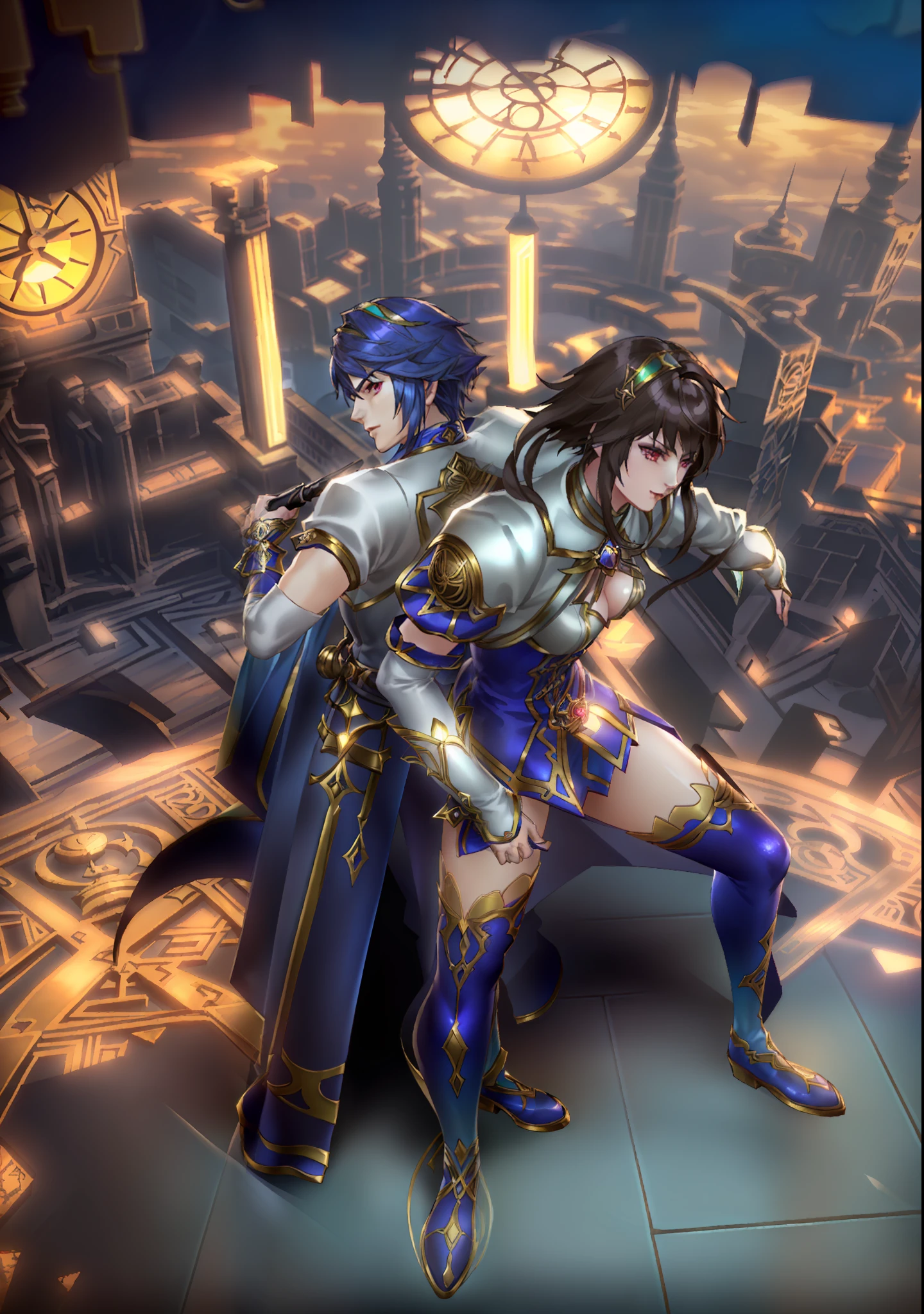 a couple of people standing on top of a floor next to a clock barok style hall, steampunk, game cg, medium shot of two characters, hidari and vlop, action rpg video game, hero pose colorful city lighting, fantasy style 8 k octane render, from ncsoft