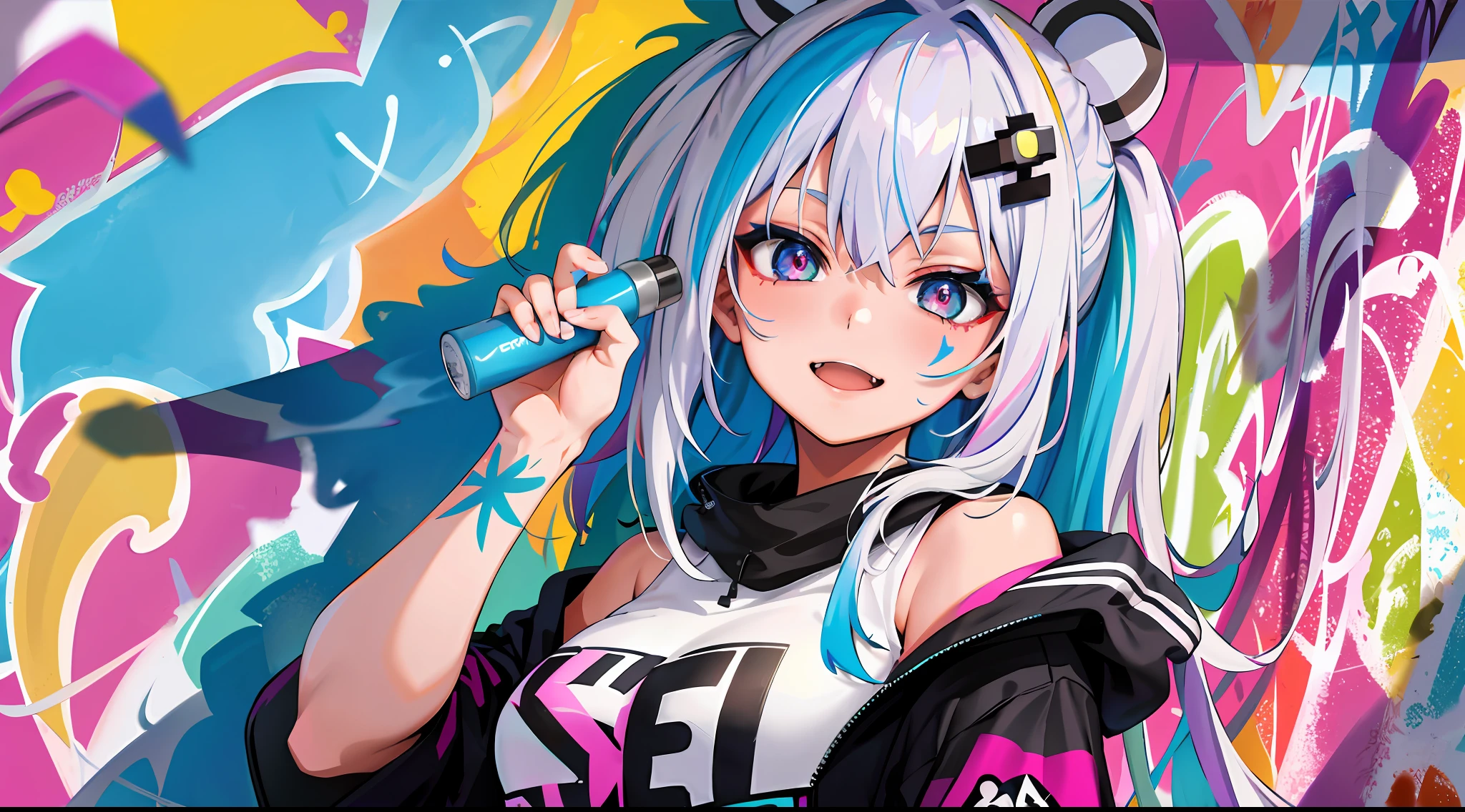 masterpiece, high quality, highres, absurdres, ultra-detailed, 8k, 1girl, medium breasts, platinum grey hair, blue hair, multicolored hair, gradient hair, open mouth, fang, looking at viewer, (holding spray paint can), oversized clothes, colorful eyes, (messy painted body:1.05), (graffiti murals wall background:1.15), seductive smile, brilliant colorful paintings, bloom, portrait, cross hair ornament