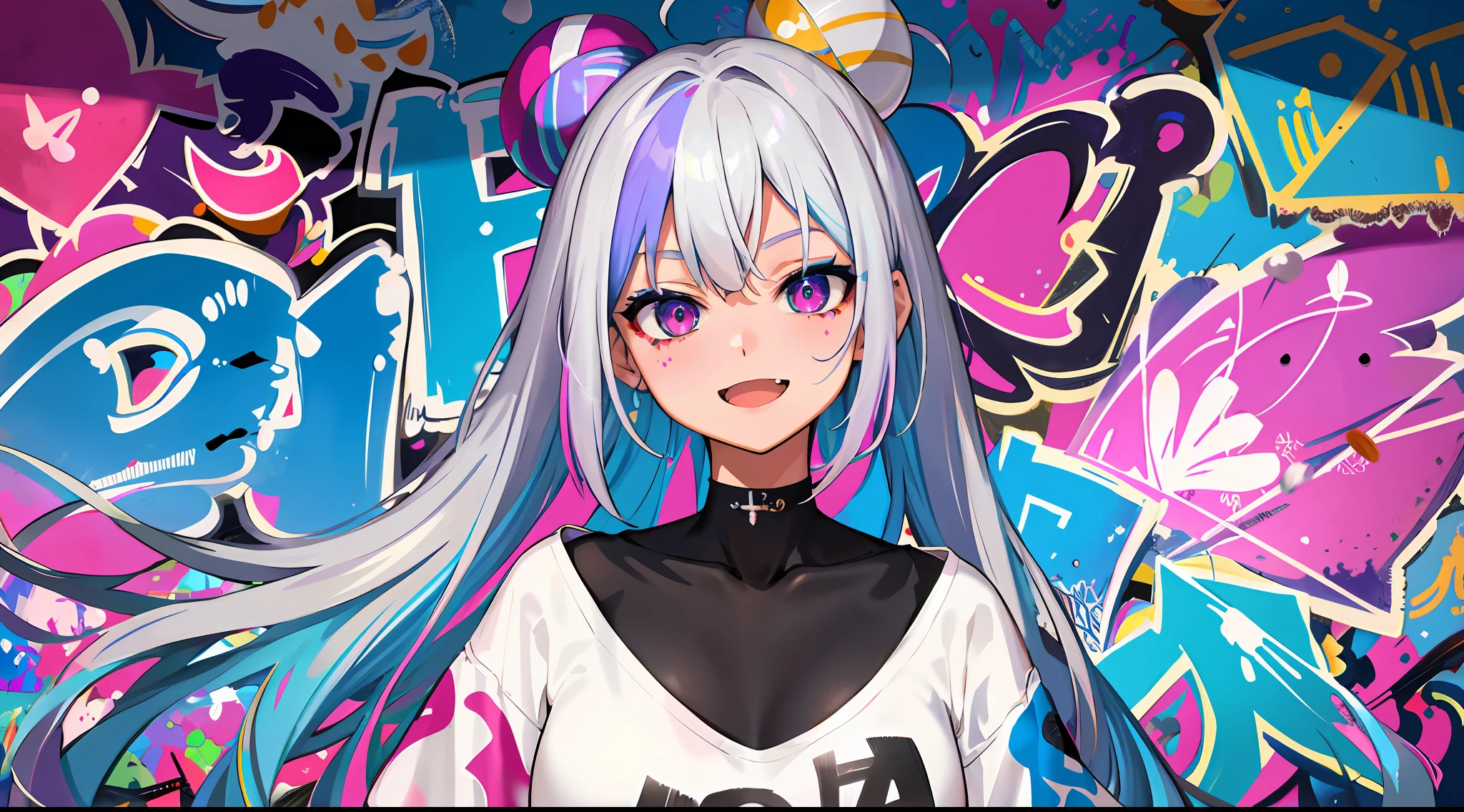 masterpiece, high quality, highres, absurdres, ultra-detailed, 8k, 1girl, medium breasts, platinum grey hair, blue hair, multicolored hair, gradient hair, open mouth, fang, looking at viewer, (holding spray paint can), oversized clothes, colorful eyes, (messy painted body:1.05), (graffiti murals wall background:1.15), seductive smile, brilliant colorful paintings, bloom, portrait, cross hair ornament