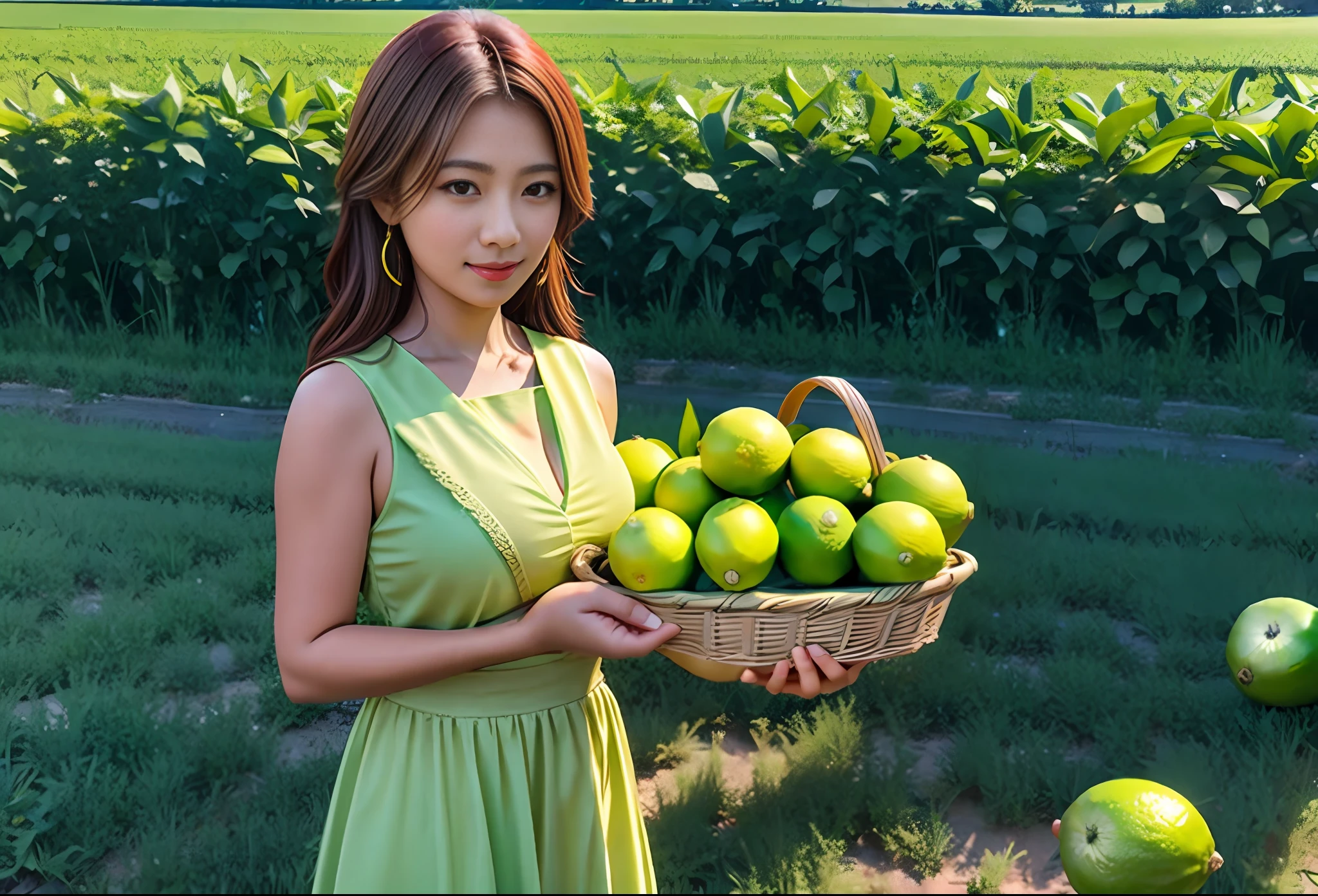 Masterpiece, 8K, an aunt holding 6 green lemons, (lime: 1.3) lemon fruit field in the background,