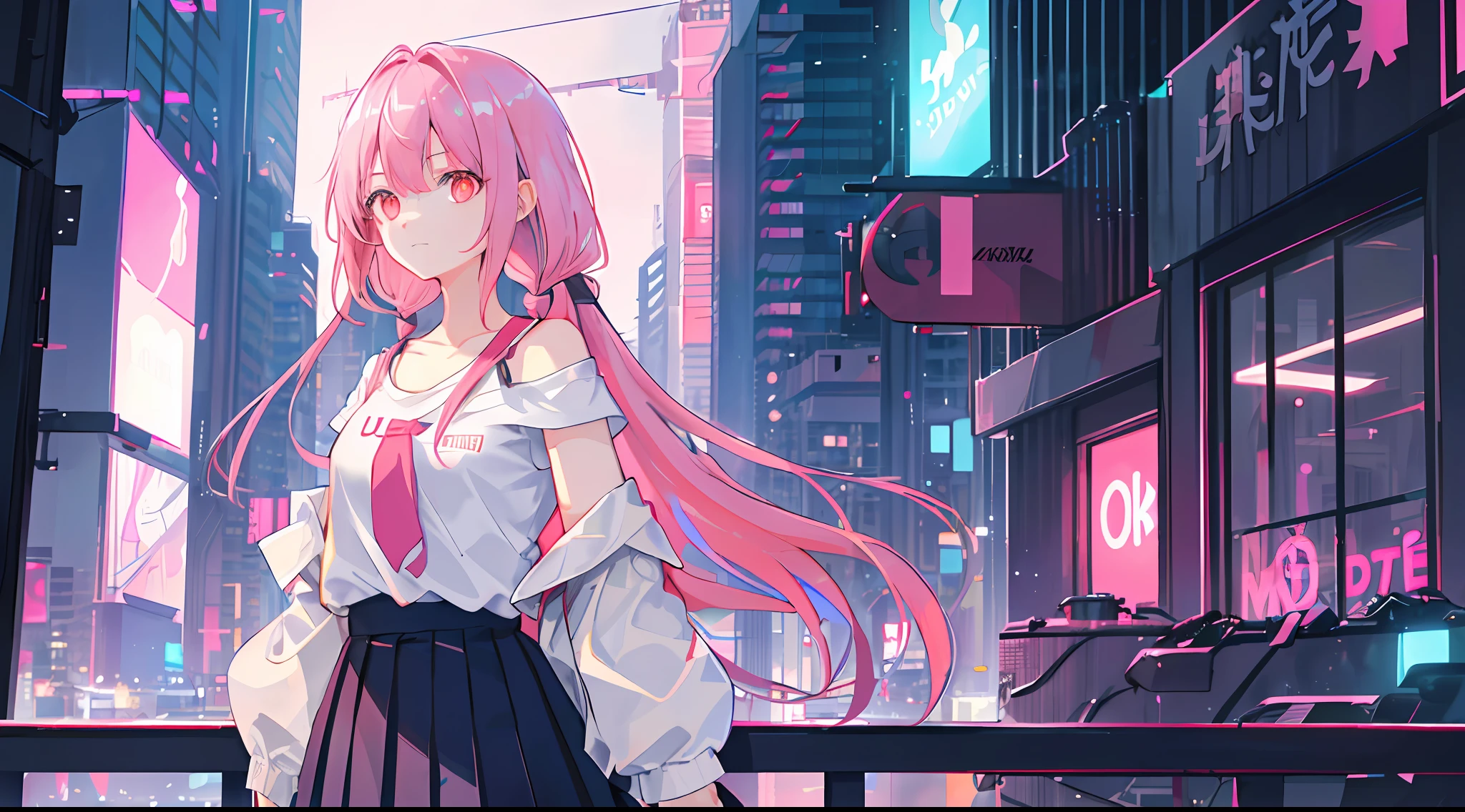 1girl, solo, loli, petite, (very_long_hair), (pink_hair:1.2), braids, (red_eyes), medium_breasts, (white_shirt:1.5), (windbreaker), (off_shoulder:1.2), (portrait), glowing_eyes, background_light, (cityscape:1.5), (pleated skirt, )(neon_lights:1.2), (science), cyberpunk, ((masterpiece)), (highres), (best_quality), (highly_detailed), (original),(Delicate background),(extremely detailed 8K wallpaper),cinematic lighting, volume lighting, light particles, shaded_face, beautiful_detailed_eyes, depth_of_field, perspective,