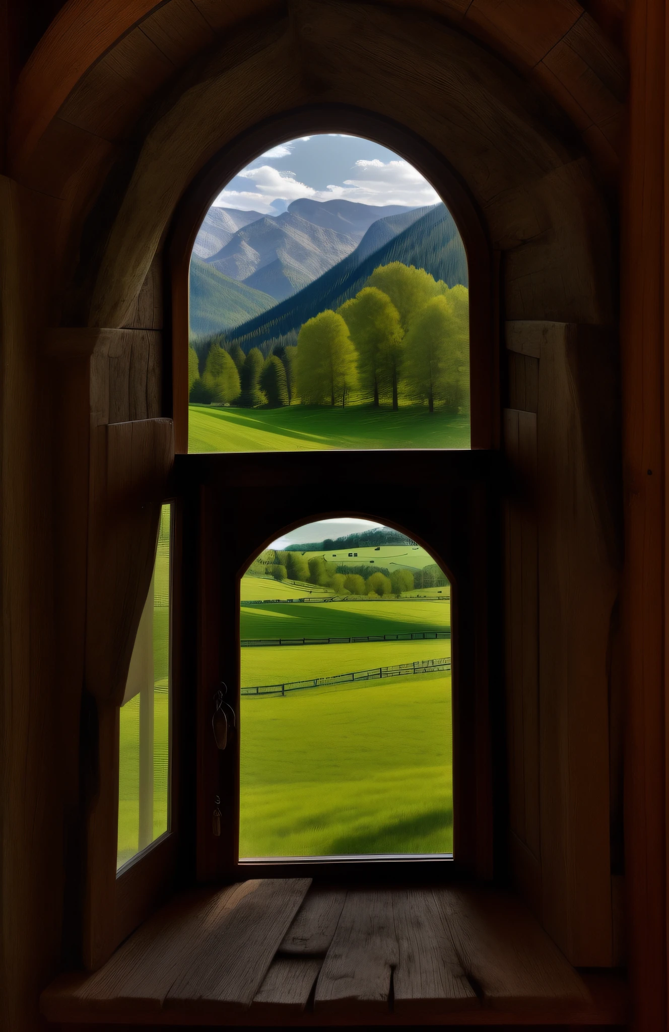 Create a magical, immersive image for a horseback riding flyer featuring a rustic weathered wood window. Imagine yourself looking through the portal into an enchanted world of majestic horses and vast natural landscapes. The window is adorned with intricate details and a touch of wear and tear, giving it a nostalgic charm. Through it, you can see a stunning scenery, where horses gallop freely in green fields and imposing mountains stretch to the horizon. Add subtle foliage elements around the window, providing a sense of immersion in nature. Use vibrant, warm cores to bring out energy and emotion