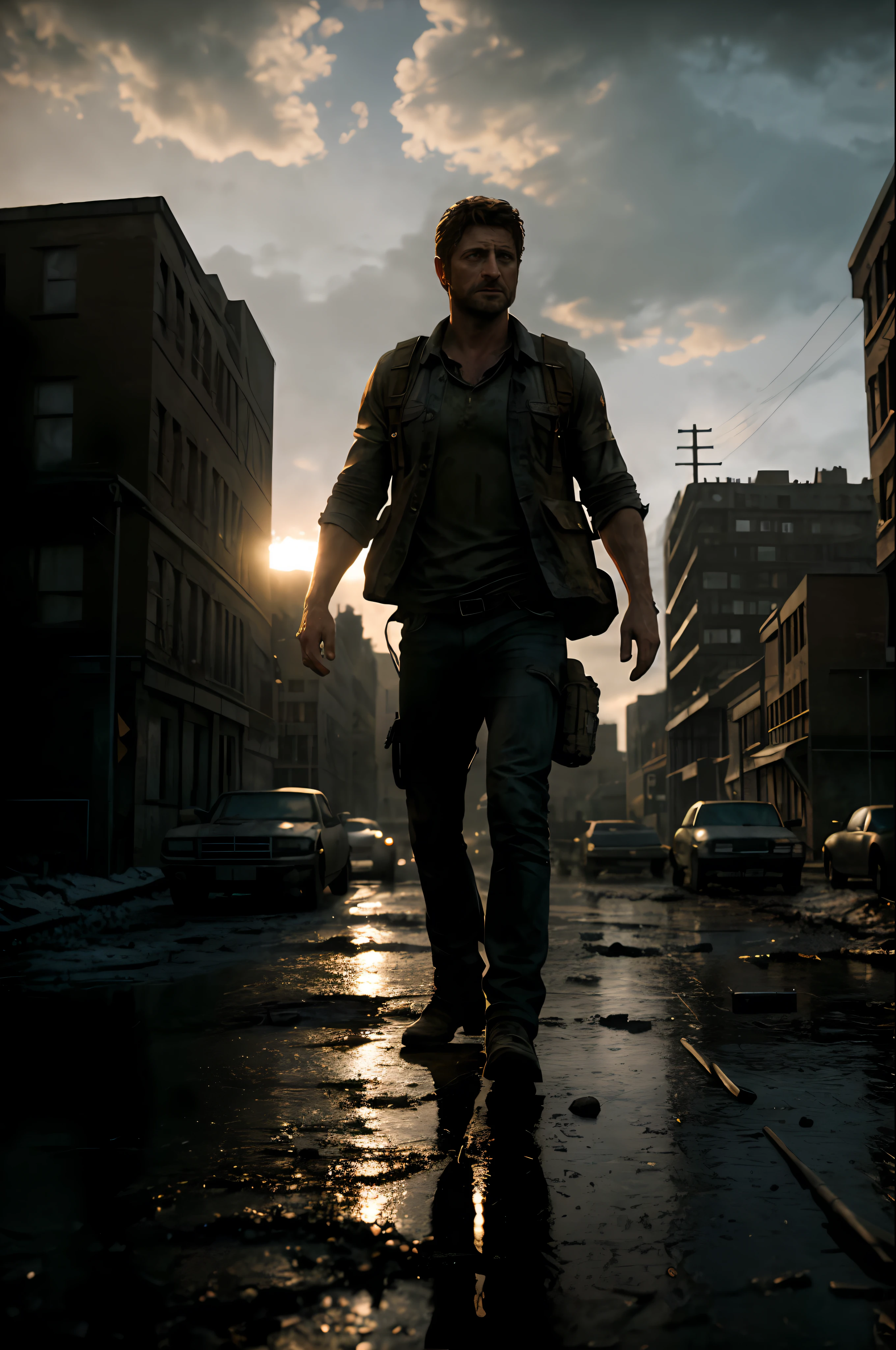 Gerard Butler as Joel in The Last of Us, with background of post apocalyptic buildings, perfect composition, trend in photorealistic artstation, cinematic lighting, volumetric lighting, many fine details, film style, photography, natural textures, natural light, natural blur, photorealism, cinematic rendering, ray tracing, highest quality, highest detail, Cinematic, Blur Effect, Long Exposure, 8K, Ultra-HD, Natural Lighting, Moody Lighting, Cinematic lighting, hyper-realistic, vibrant, 8k, detailed, grain of film ))