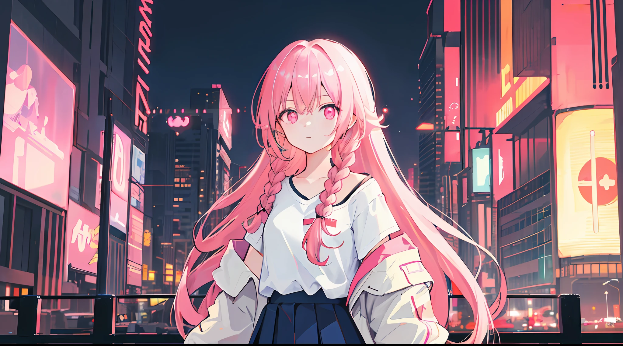 1girl, solo, loli, petite, (very_long_hair), (pink_hair:1.2), braids, (red_eyes), medium_breasts, (white_shirt:1.5), (windbreaker), (off_shoulder:1.2), (portrait), glowing_eyes, background_light, (cityscape:1.5), (pleated skirt, )(neon_lights:1.2), (science), cyberpunk, ((masterpiece)), (highres), (best_quality), (highly_detailed), (original),(Delicate background),(extremely detailed 8K wallpaper),cinematic lighting, volume lighting, light particles, shaded_face, beautiful_detailed_eyes, depth_of_field, perspective,