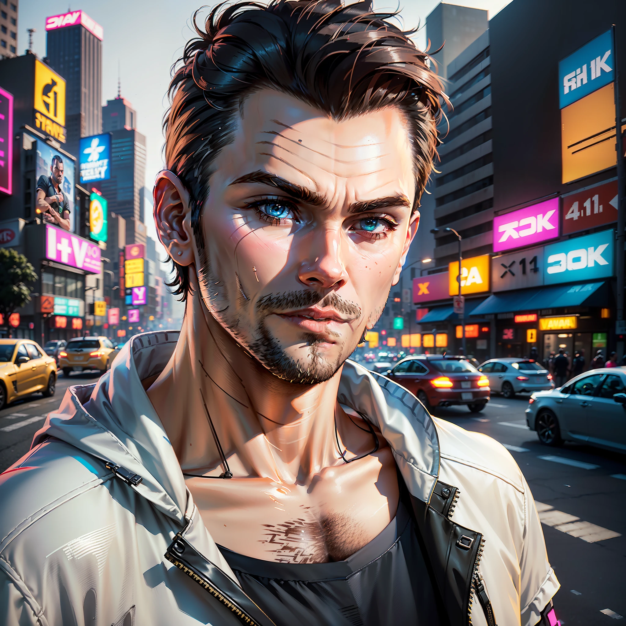 Create 1 man style Grand Theft Auto V, short hair, modern clothes (best quality), ((1:1 resolution), (face centered in the center of the image), avatar photo only, (head + shoulders), 8k resolution, realistic photo, neon lights, (technology elements), (film grain).